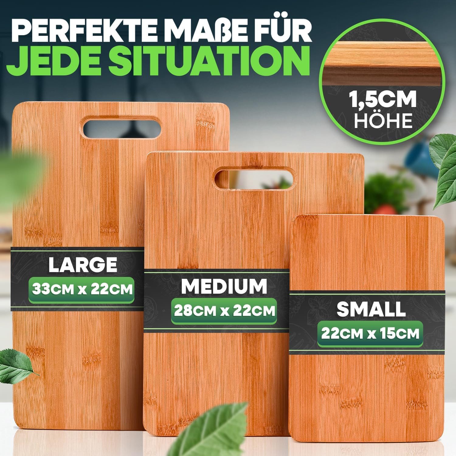 Loco Bird Schneidebrett 3er Set - 1x 33x22cm, 1x 28x22cm, 1x 15x22cm, Bambus, (Holzschneidebretter, 3-St., Holz-Brett für die Küche), Antibakterielles Schneideb – Bild 2 von 5
