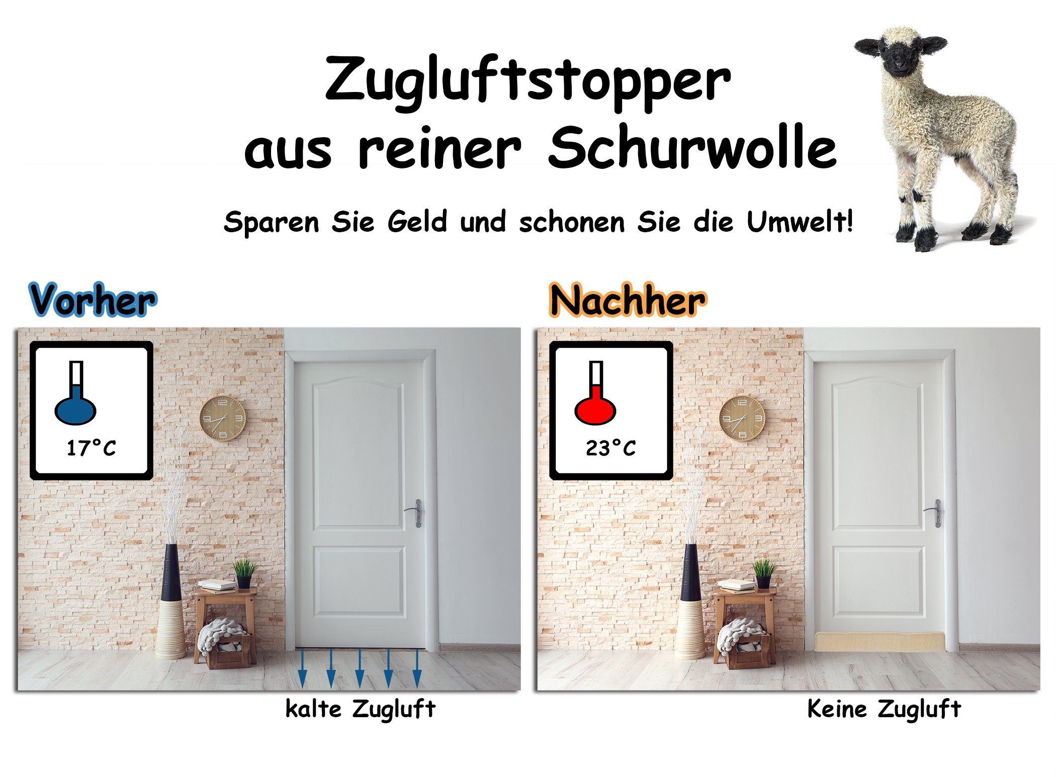 Türen Beige Luftzugstopper in − Made − Schurwolle − Germany, für 80cm − Windstopper 100% Türluftstopper 1-tlg. BigDean Zugluftstopper