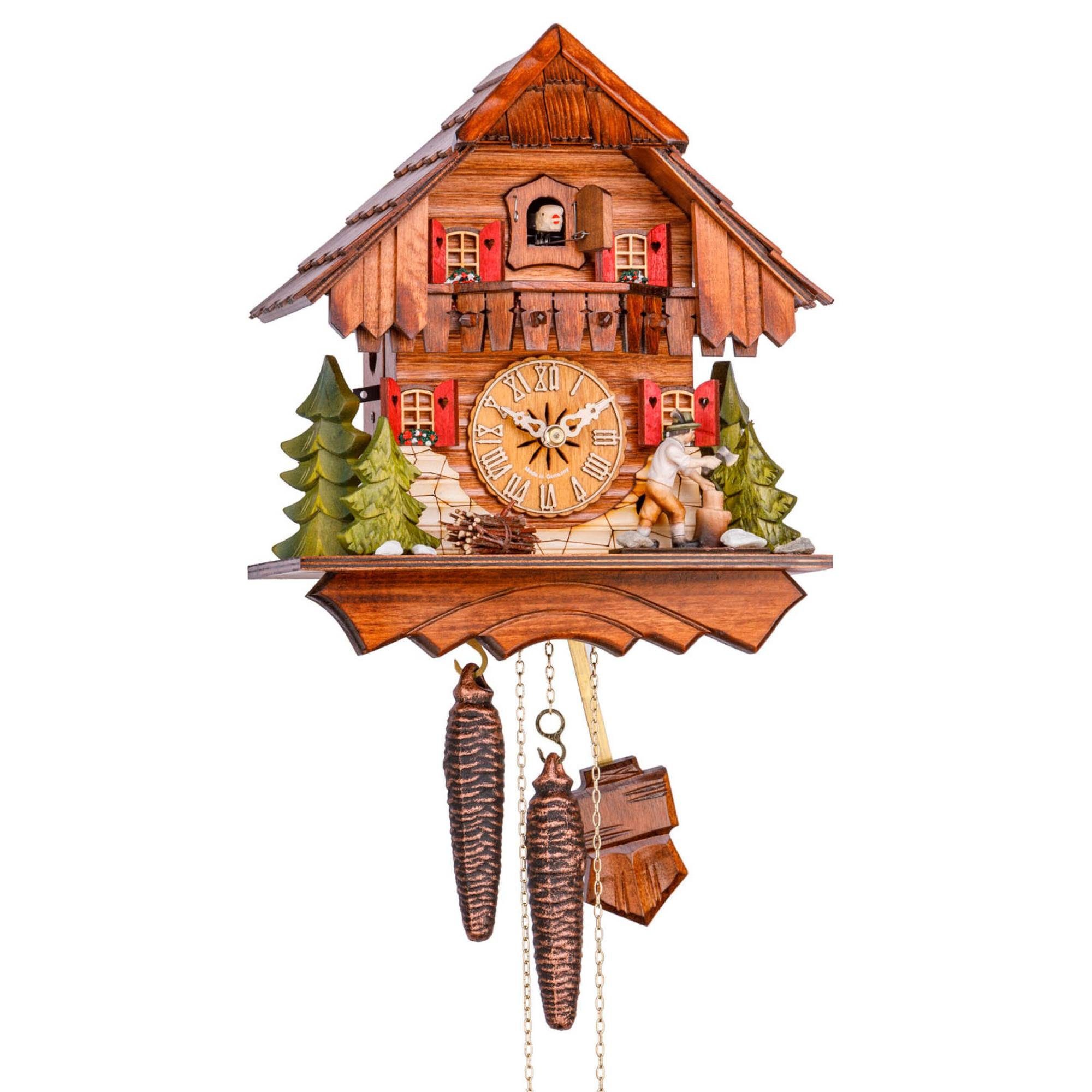 Cuco Clock Pendelwanduhr Kuckucksuhr Schwarzwalduhr "Der Holzhacker" Wanduhr aus Holz (17 x 23 x 26cm, 1 - Tage Werk, manuelle Nachtabschaltung)