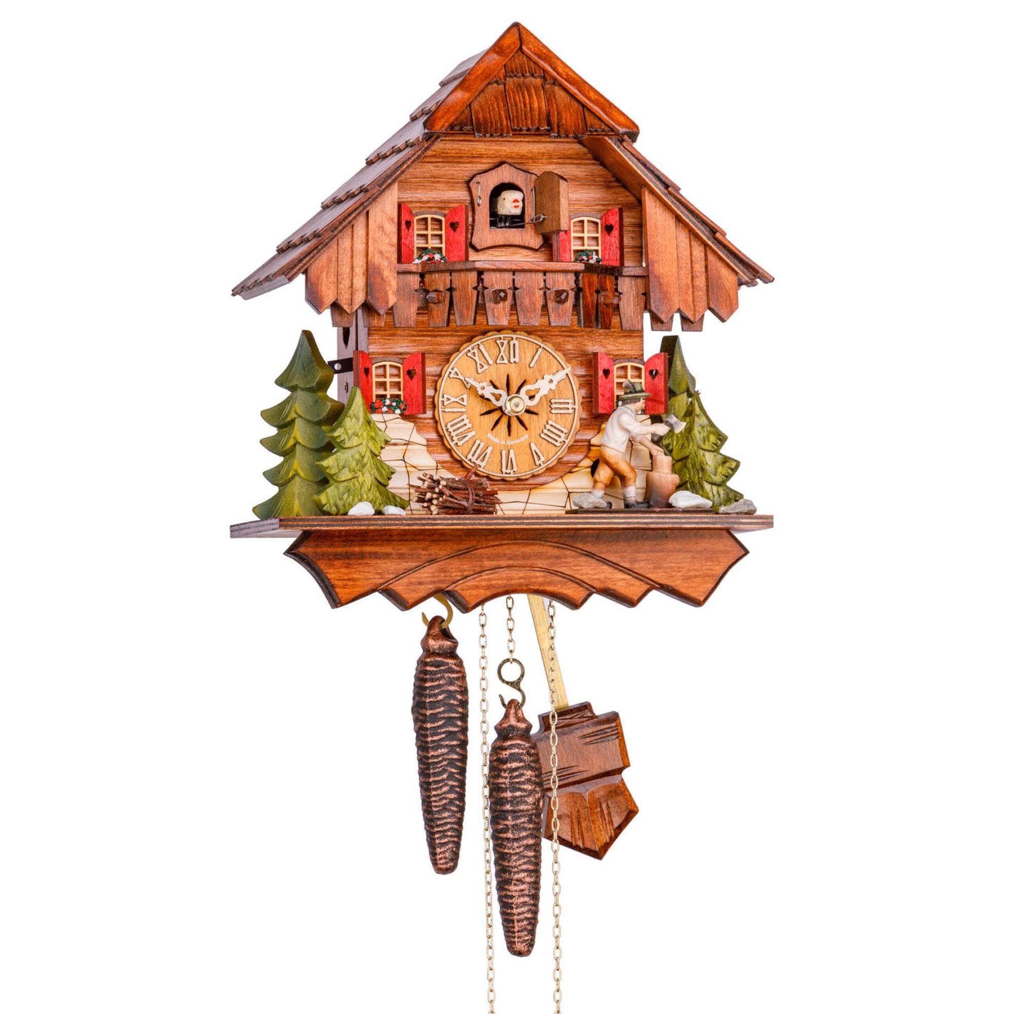 Cuco Clock Pendelwanduhr Kuckucksuhr Schwarzwalduhr "Der Holzhacker" Wanduhr aus Holz (17 x 23 x 26cm, 1 - Tage Werk, manuelle Nachtabschaltung)