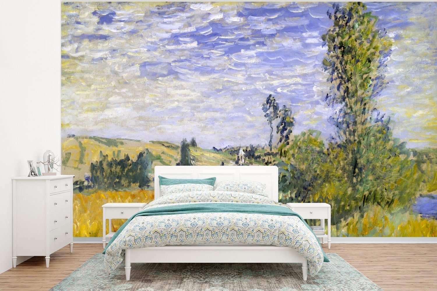 von Claude Landschaft Vinyl Matt, Wallpaper Fototapete St), Vetheuil Wohnzimmer, bedruckt, Monet, bei MuchoWow für - Tapete Gemälde Kinderzimmer, Schlafzimmer, (6