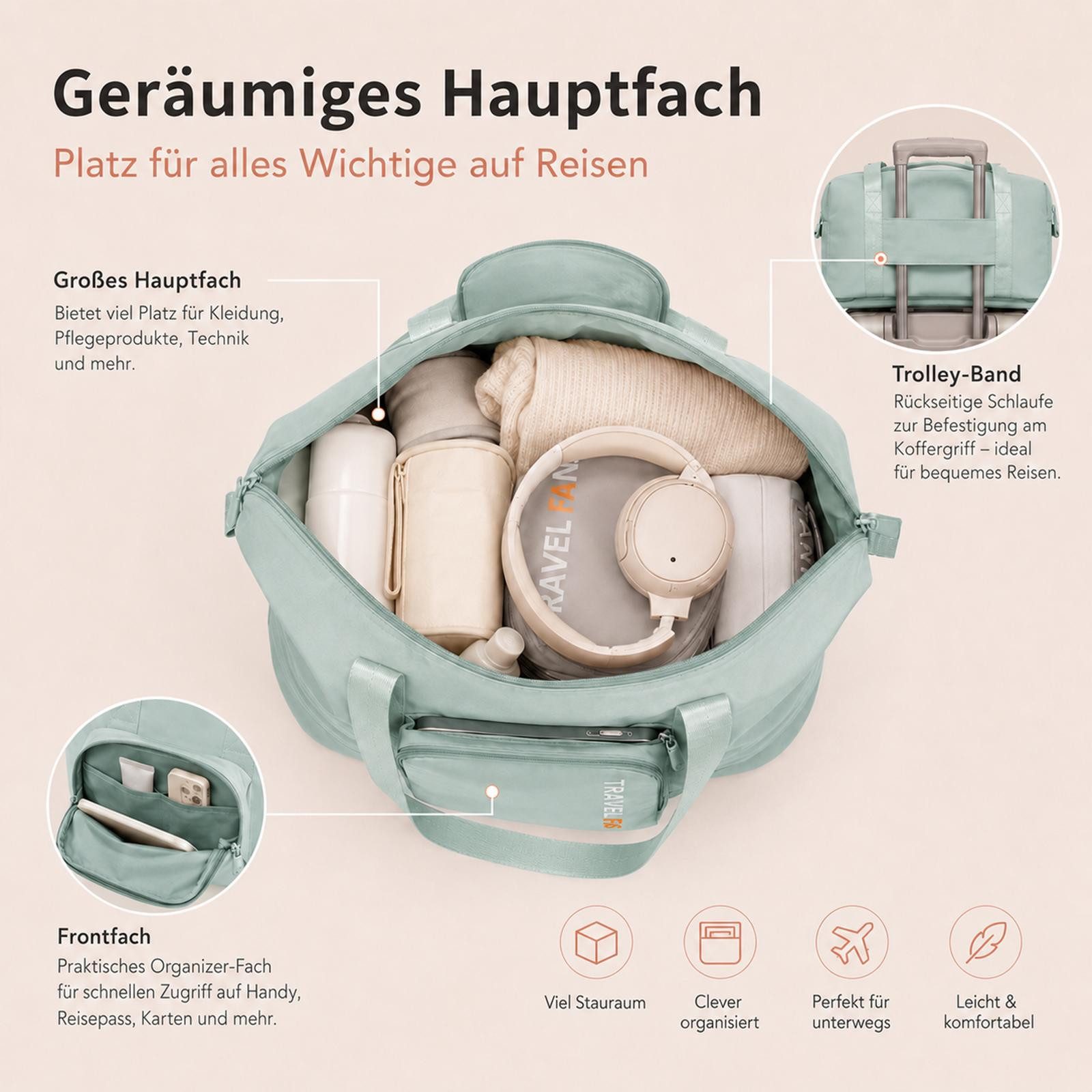 VERCO Reisetasche faltbar mit Trolley Schlaufe und Frontfach (1-tlg), Faltbare Handgepäcktasche für Reisen mit Kofferhalterung