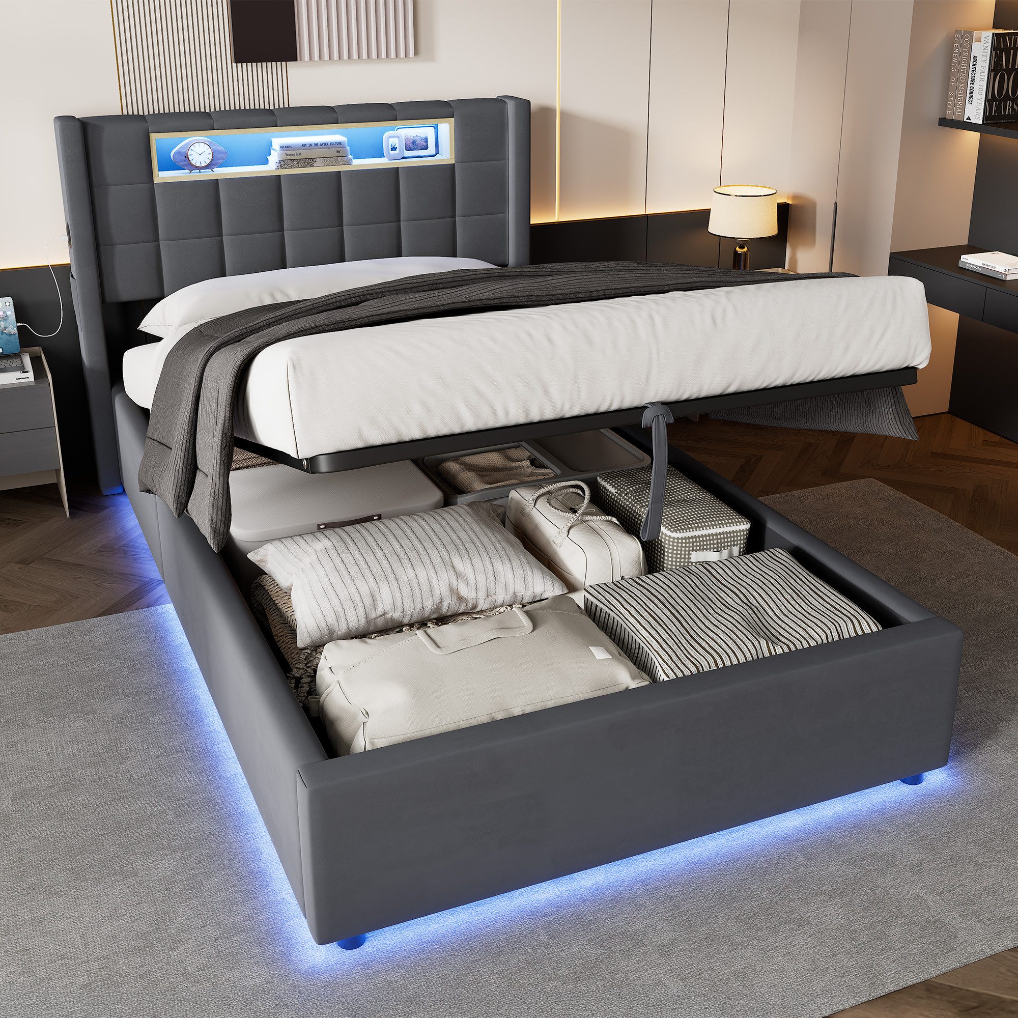 OKWISH Polsterbett Stoffbett Grau 90x200 cm mit USB Typ-C Ladefunktion und Samtbezug (Packung, 1-tlg., Bettgestell ohne Matratze für modernes Schlafzimmer Design), Doppelbett mit hydraulischem Bettkasten für praktischen Stauraum