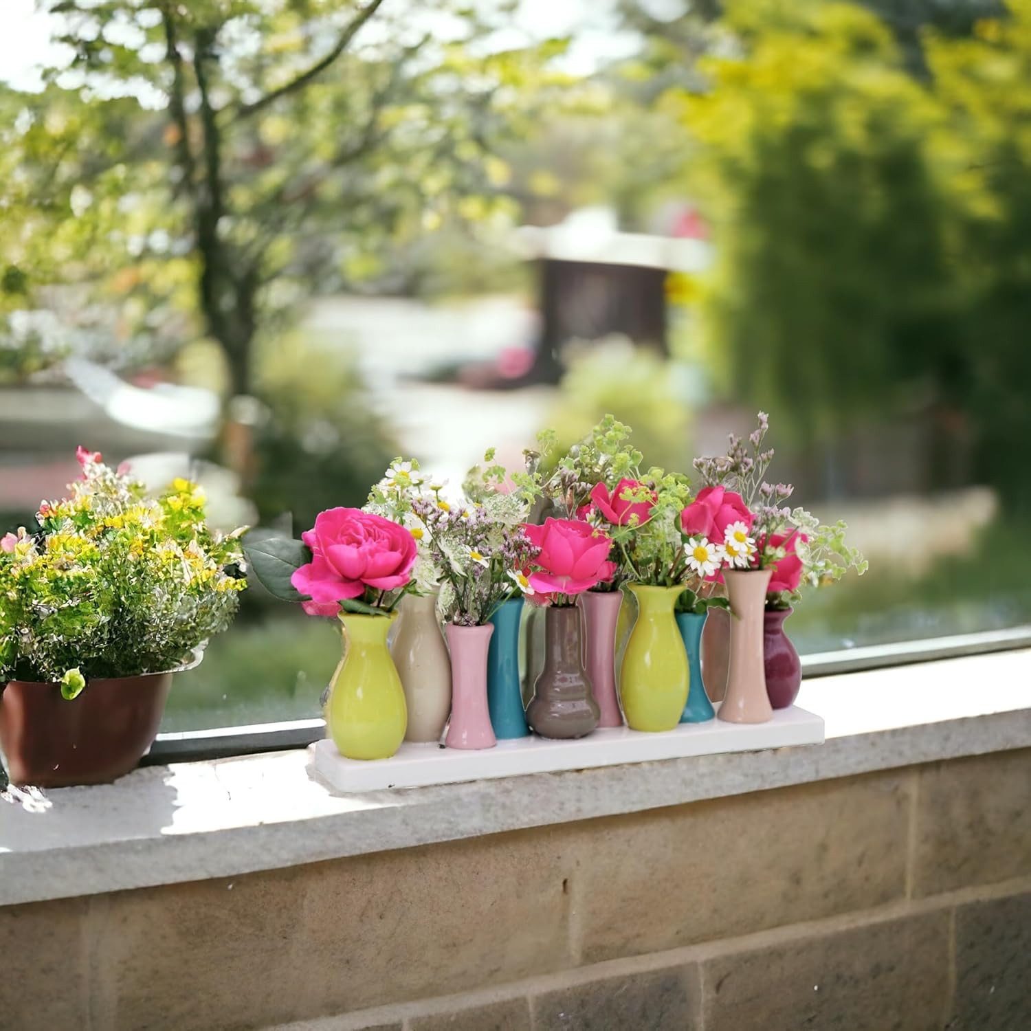 Jinfa Dekovase Handgefertigte Keramik Dekovasen auf Sockel – Mini Set (5–10) (Set, Je nach Modell: 5, 7, 8 oder 10 Vasen zusammen auf dem Sockel), verbunden auf einem Sockel