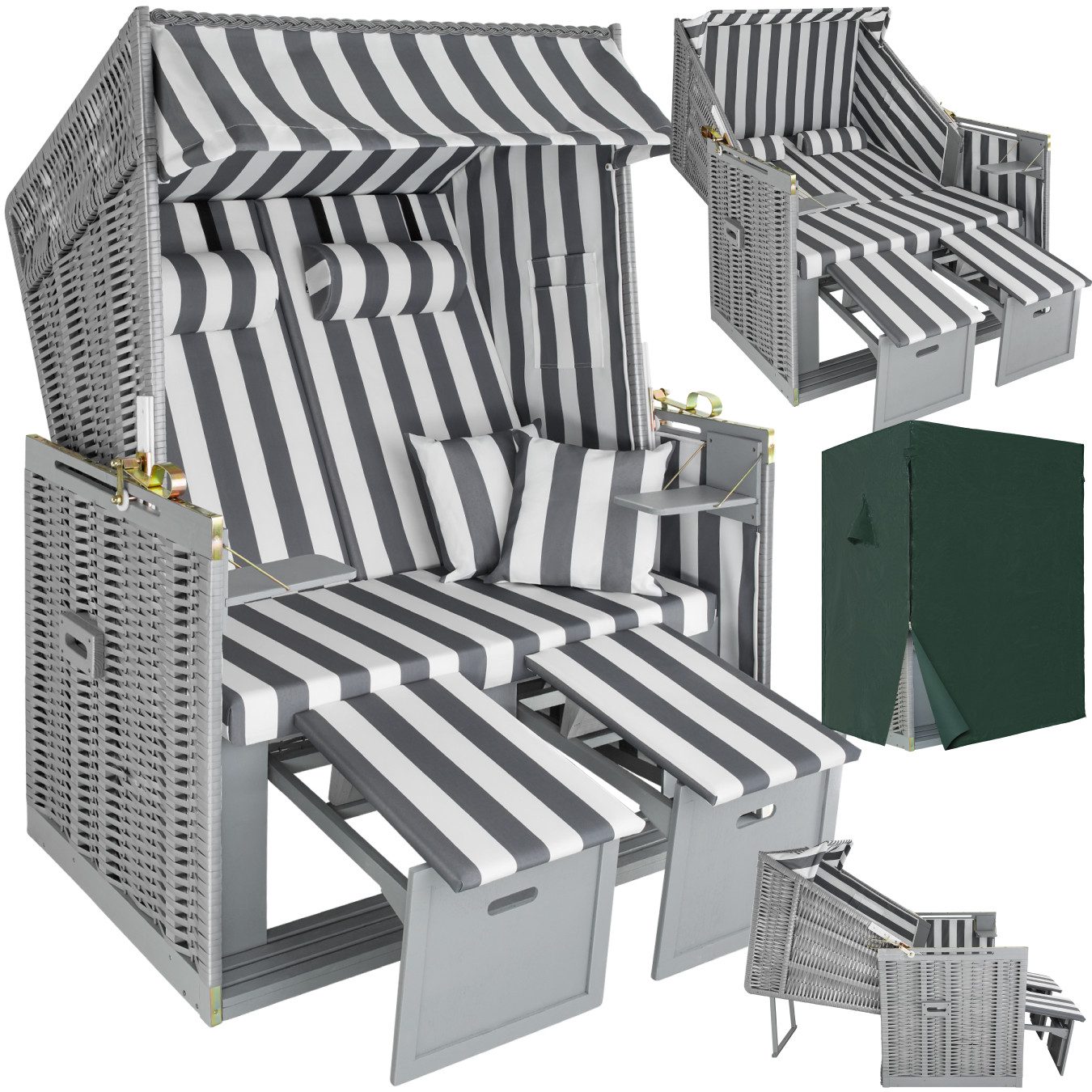 tectake Strandkorb 2-Sitzer mit Polster, verstellbar, inkl. Schutzhülle, ge günstig online kaufen