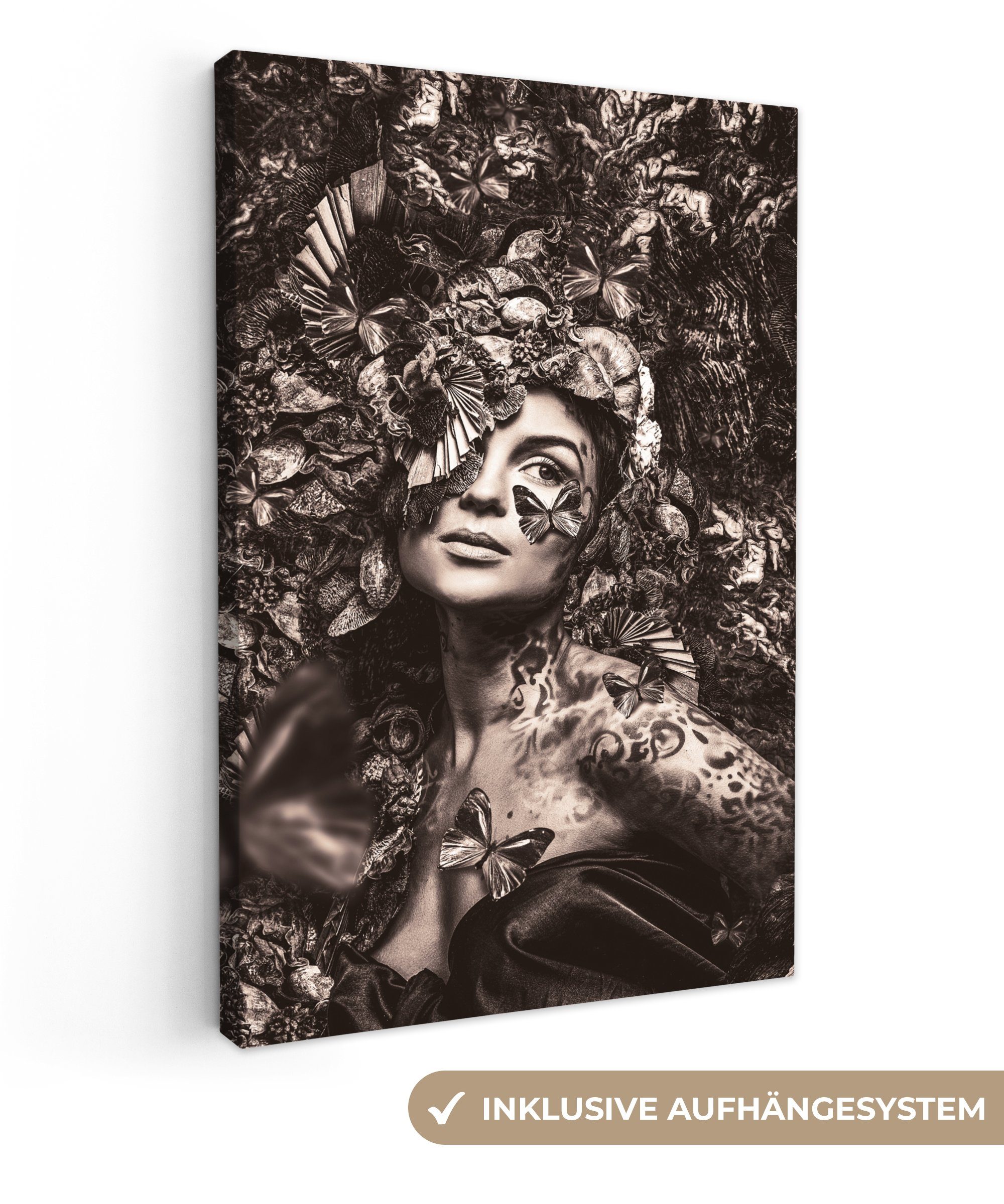 OneMillionCanvasses® Leinwandbild Frau - Sepia - Schmetterling, (1 St), Leinwandbild fertig bespannt inkl. Zackenaufhänger, Gemälde, 20x30 cm