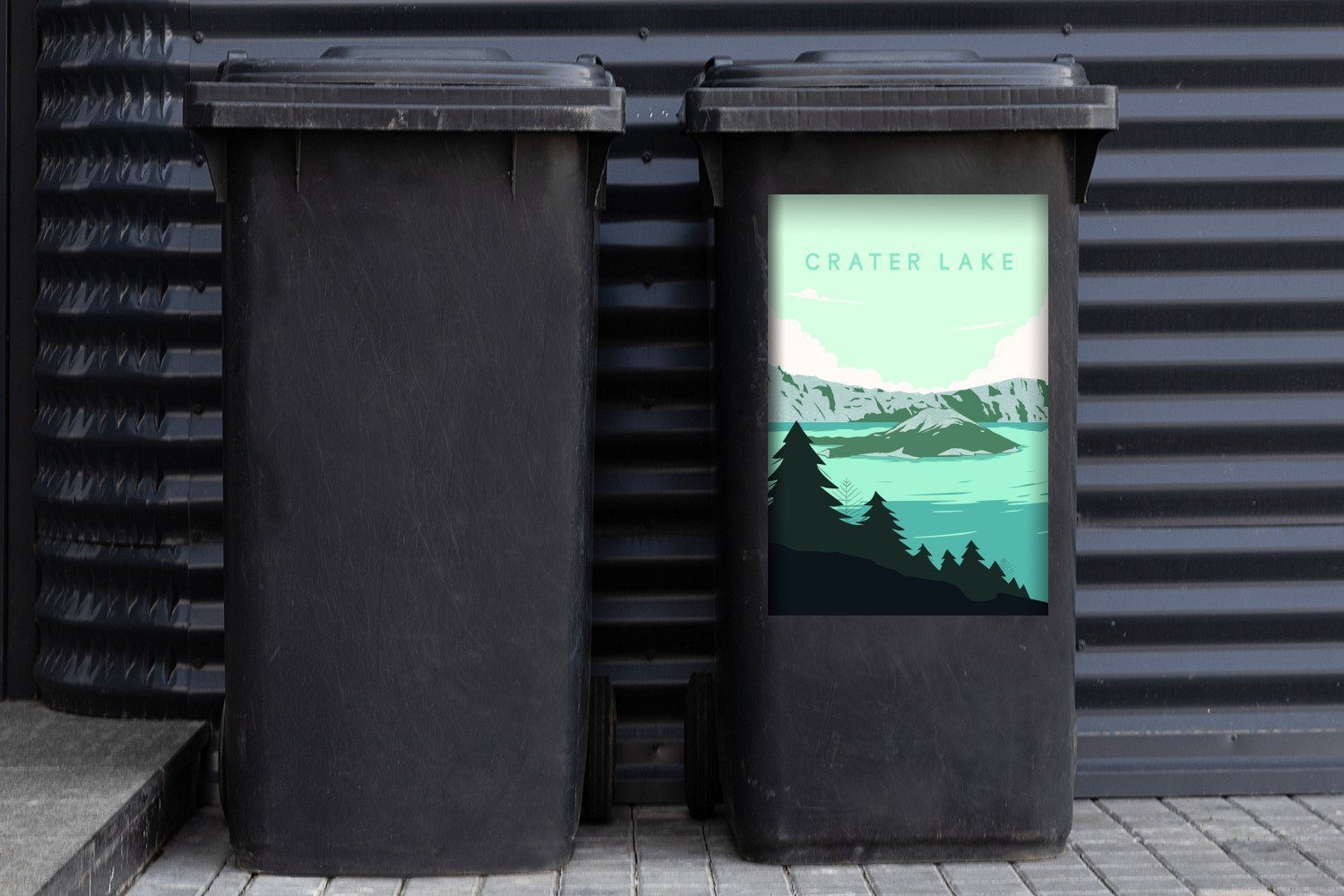 Container, St), Wandsticker MuchoWow Amerika Mülleimer-aufkleber, USA - (1 - Illustration Kratersee Landschaft Sticker, Mülltonne, Abfalbehälter - - Oregon -