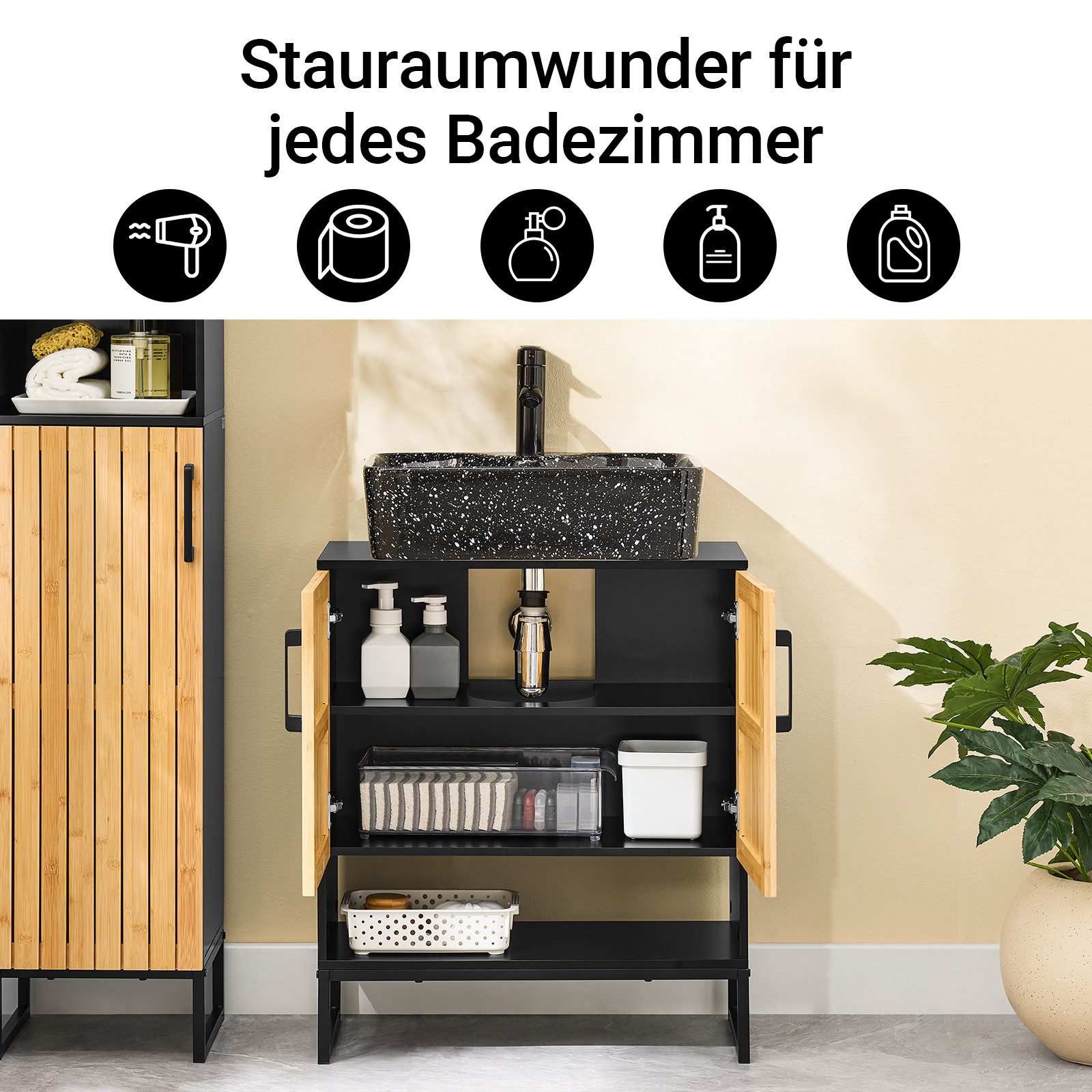 SoBuy Waschbeckenunterschrank BZR202 Waschbeckenunterschrank 60 cm breit, Badezimmerschrank, Unterschrank