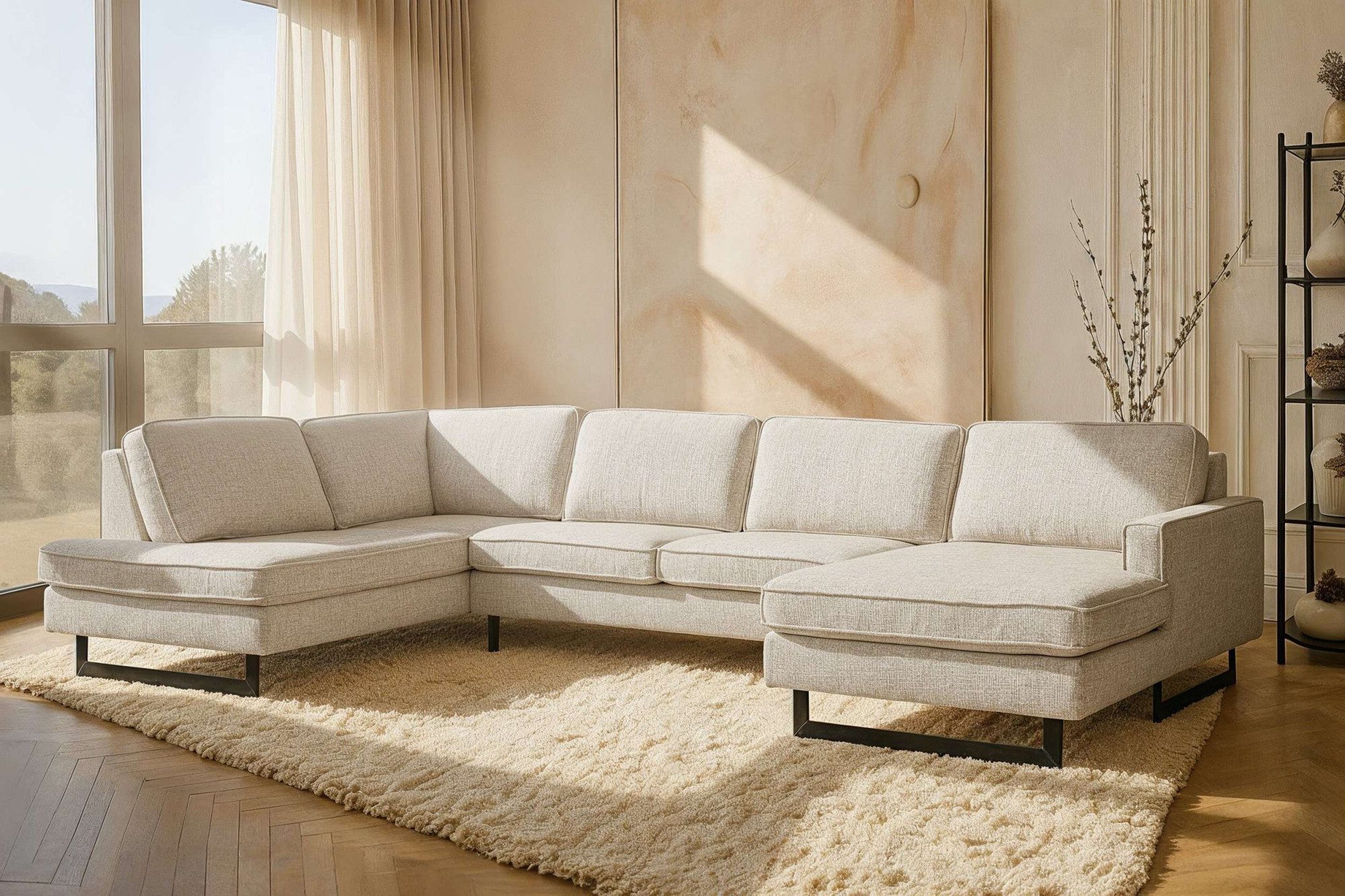 Home affaire Wohnlandschaft Pinto, 350 cm, U-Form, XXL, mit Ottomanen, Cord, Chenille, Lederoptik, mit Keder, Metallfüße, Wellenunterfederung