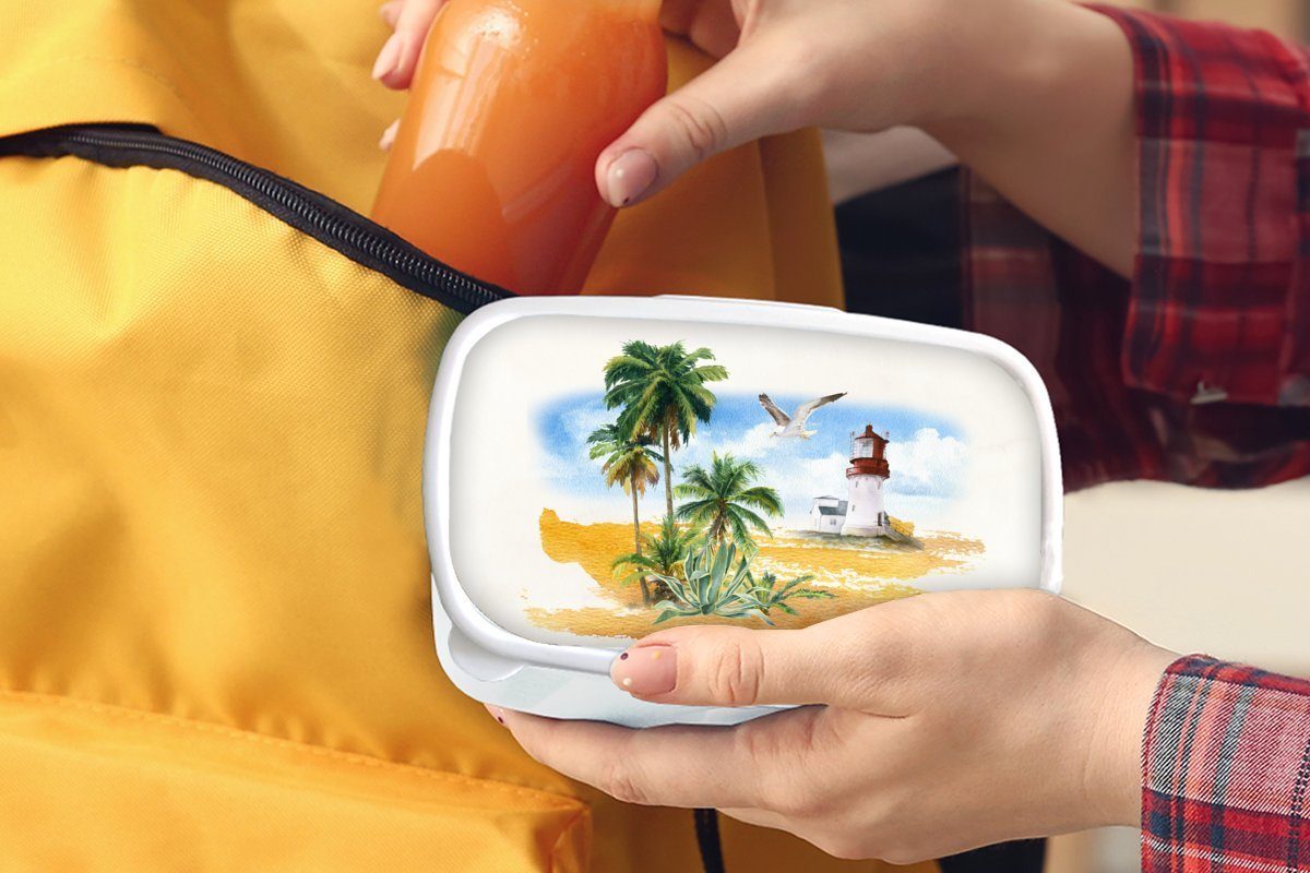Kunststoff, weiß Lunchbox - und (2-tlg), Palme - für Brotbox Leuchtturm Strand, MuchoWow Jungs und für Kinder Brotdose, Erwachsene, Mädchen