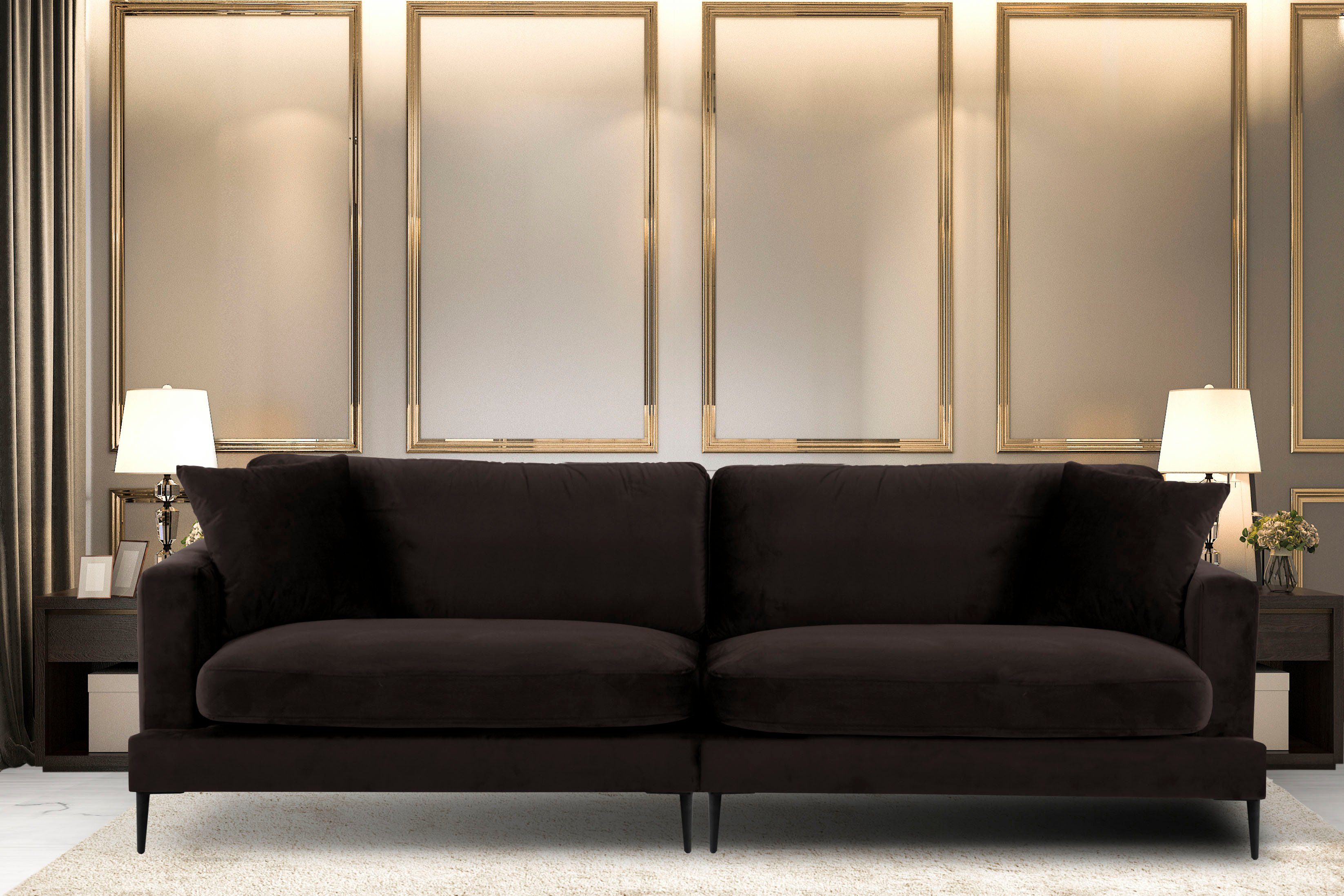 Leonique Big-Sofa Cozy elegantes Designsofa, Maße B/T/H: 252/97/80 cm, mit losen Kissen und Metallbeinen
