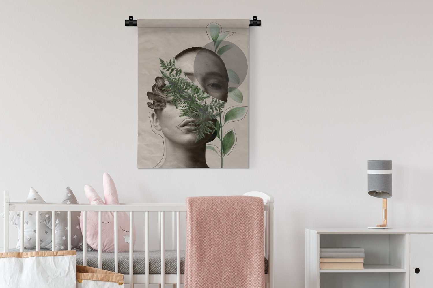 an - Deko Wanddekoobjekt Pflanzen Frau - für Wohnzimmer, Schlafzimmer - Tapisserie, Grün, Wand, MuchoWow Abstrakt der