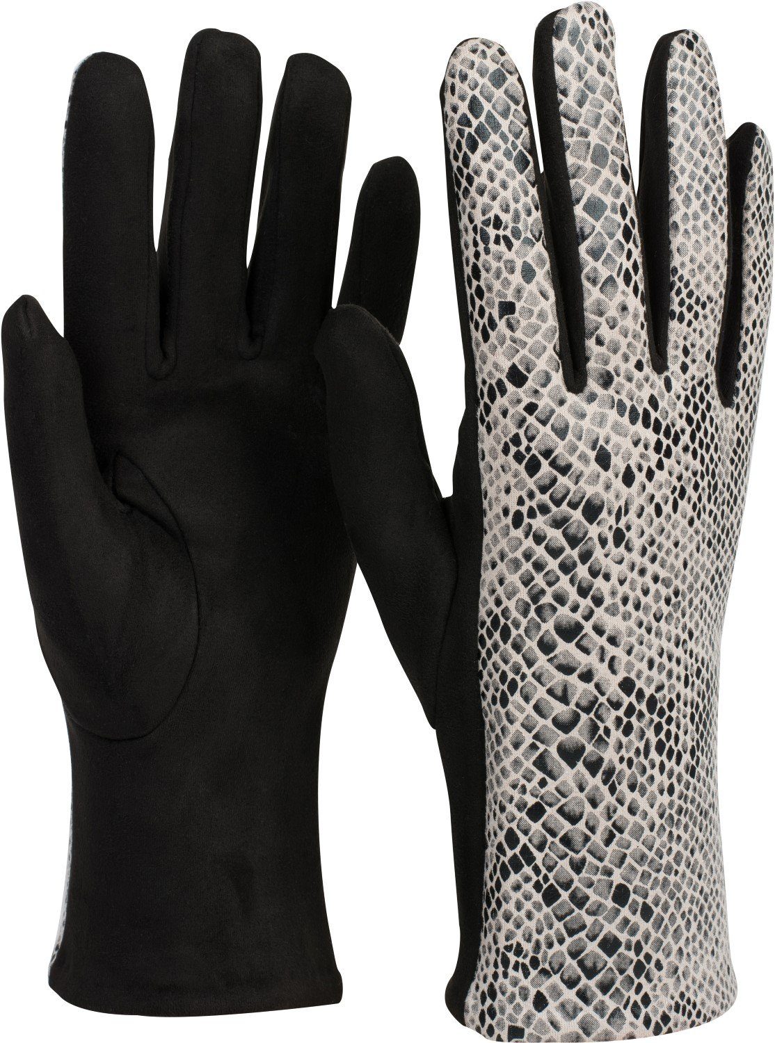 Handschuhe styleBREAKER Stoff Schlangenleder Schwarz-Weiß in Optik Strickhandschuhe