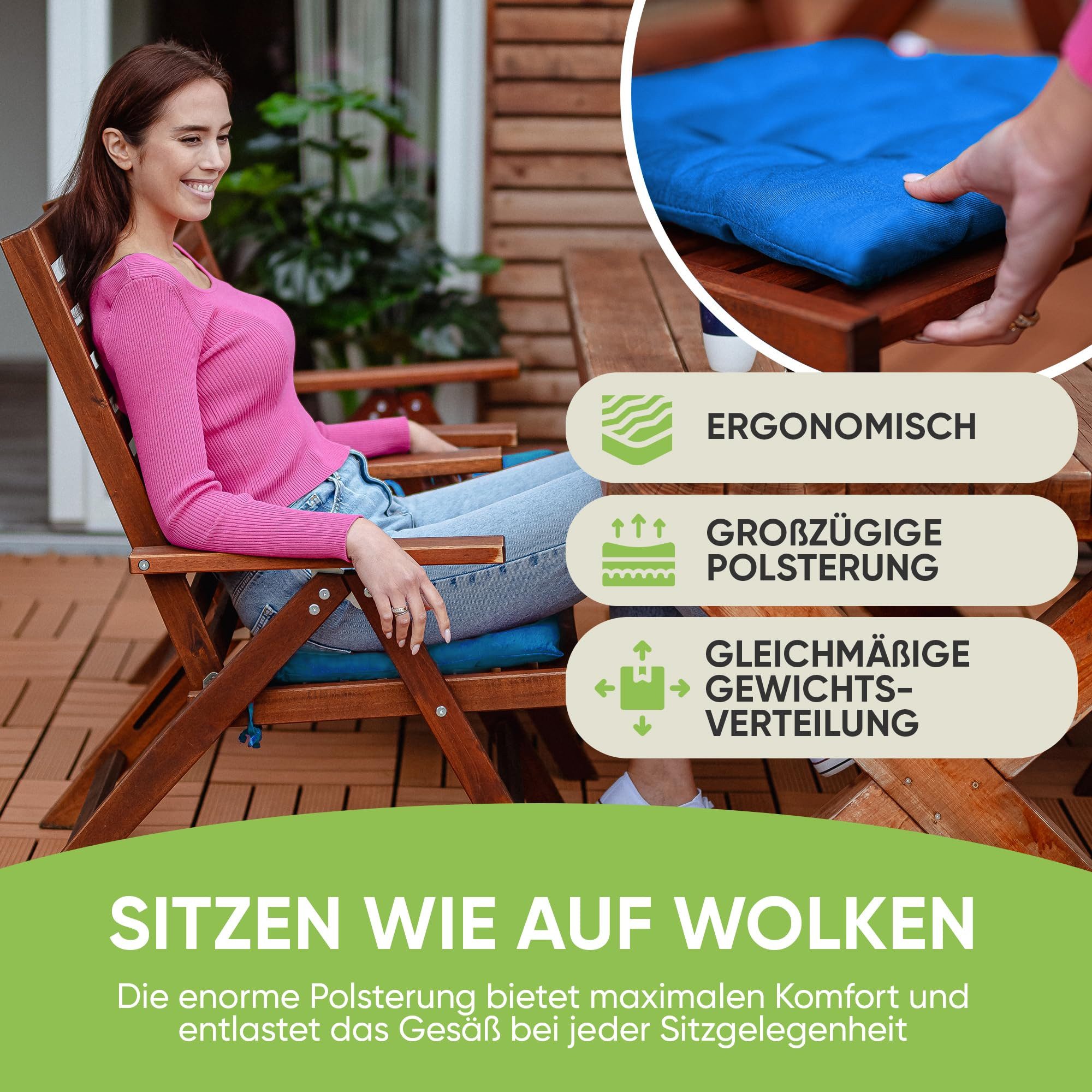 Gräfenstayn Stuhlkissen Sitzkissen 40x40cm Haltebänder Indoor Outdoor, robustes Sitzkissen für Indoor & Outdoor, mit Haltebändern