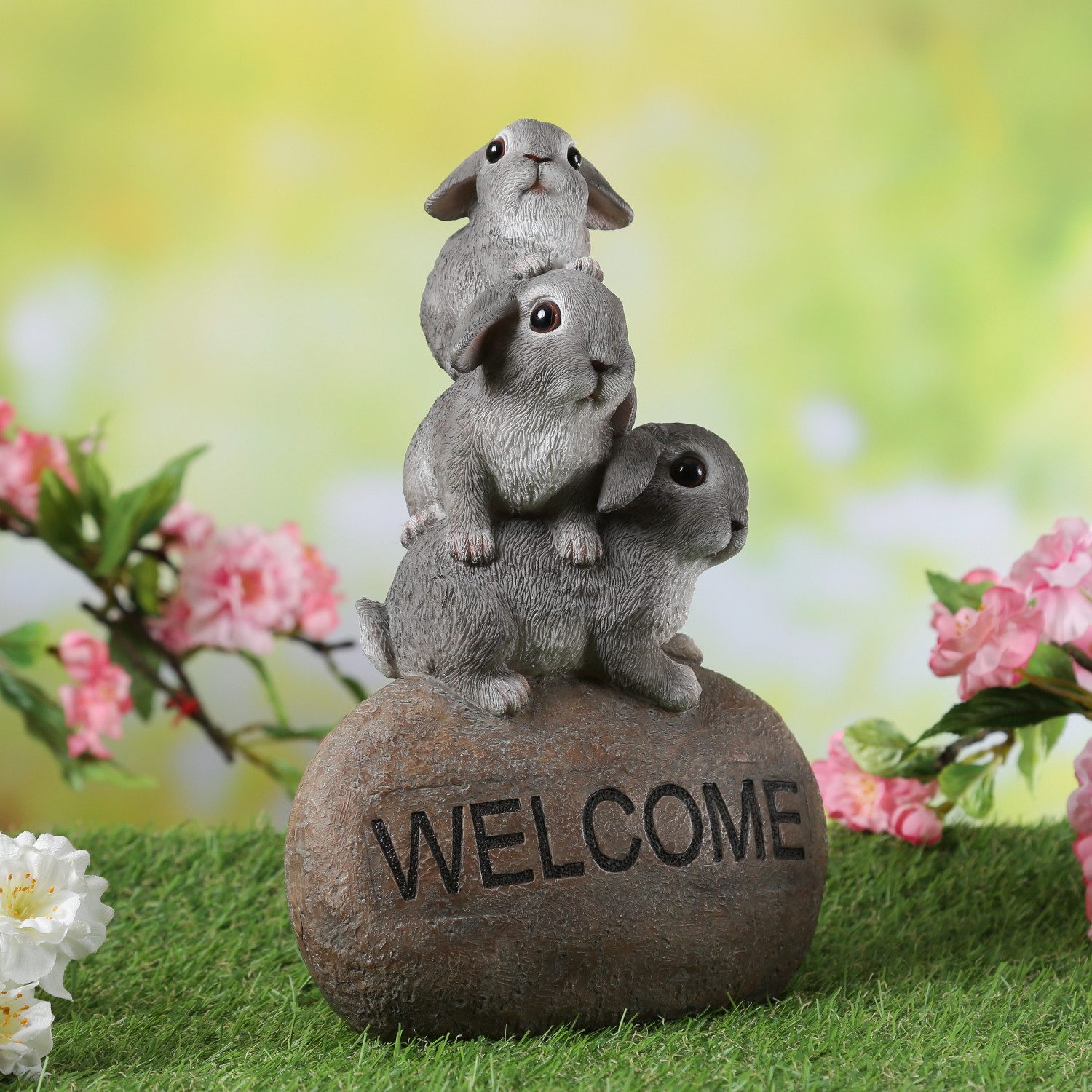 MARELIDA Gartenfigur Dekofigur Welcome 3 Hasen auf Stein Frühling Ostern Eingangsdeko