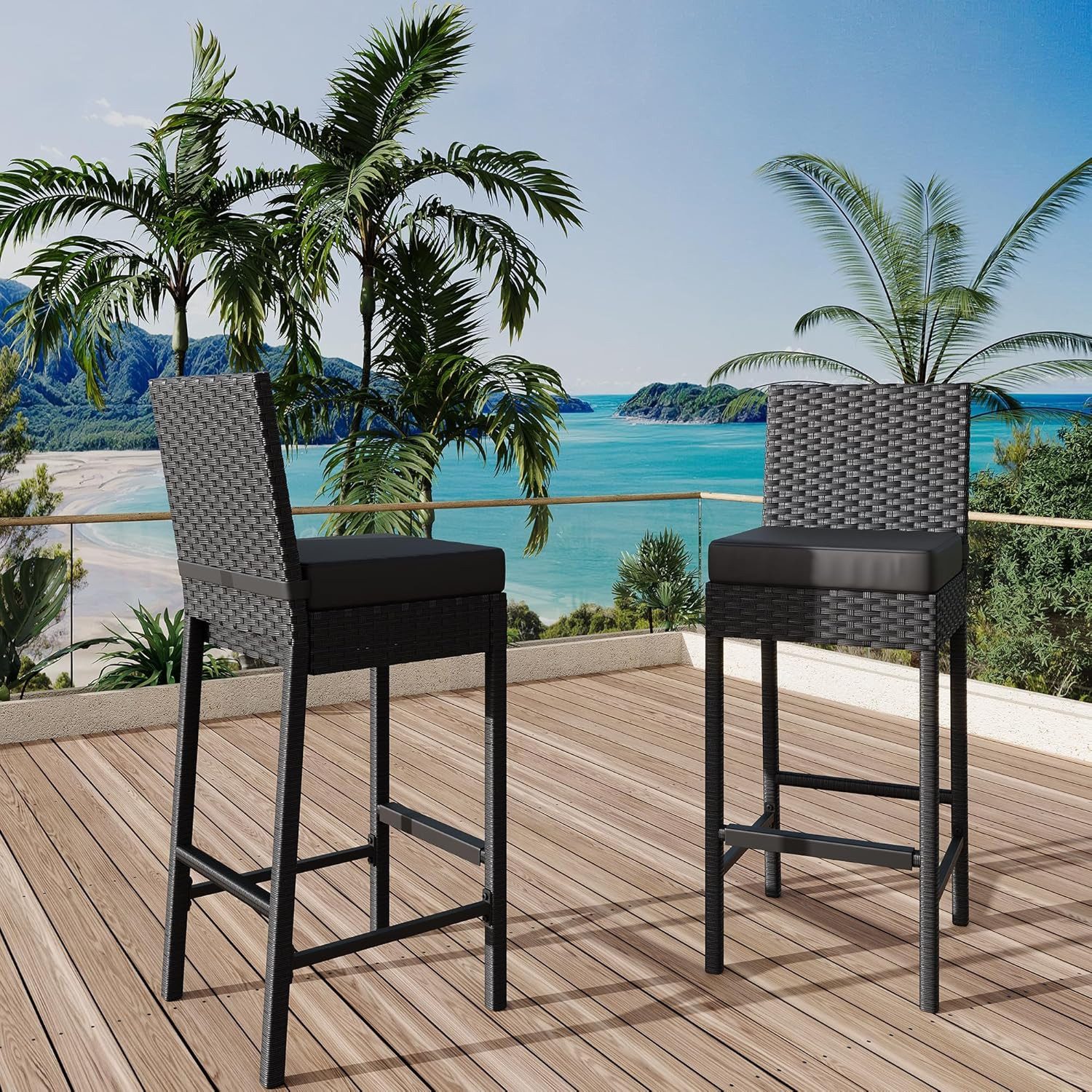 GarveeMore Barhocker geflochtene Outdoor,Rattan-Terrassenbarstühle und ohne Armlehnen (2 St), Barstuhl für den Außenbereich mit weichem Sitzkissen