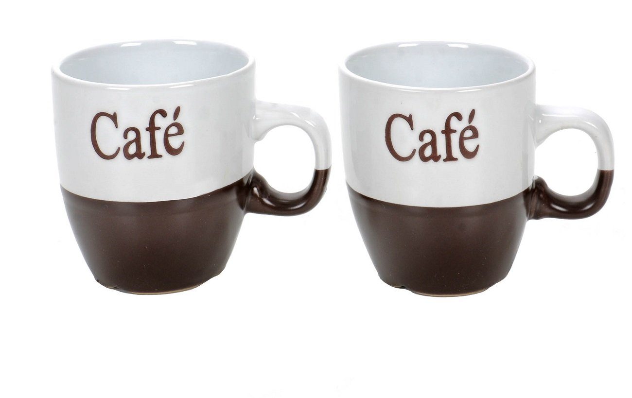 Bubble-Store Cappuccinotasse 2-er Set Kaffeetassen, Keramik-Tassen mit Aufschrift Café für Espresso, Keramik, Espressotasse, Kaffeetasse, Aufschrift Café braun/weiß