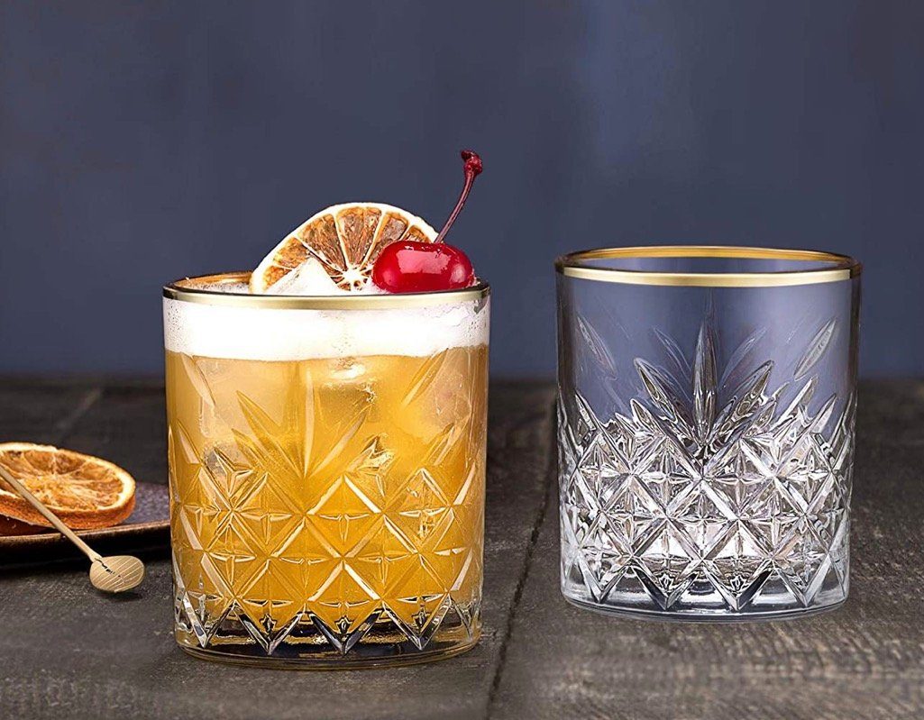 Pasabahce Whiskyglas Tumbler Timeless im Kristall-Design, 345 ml, 4 Stück, Goldrand, 4-tlg.
