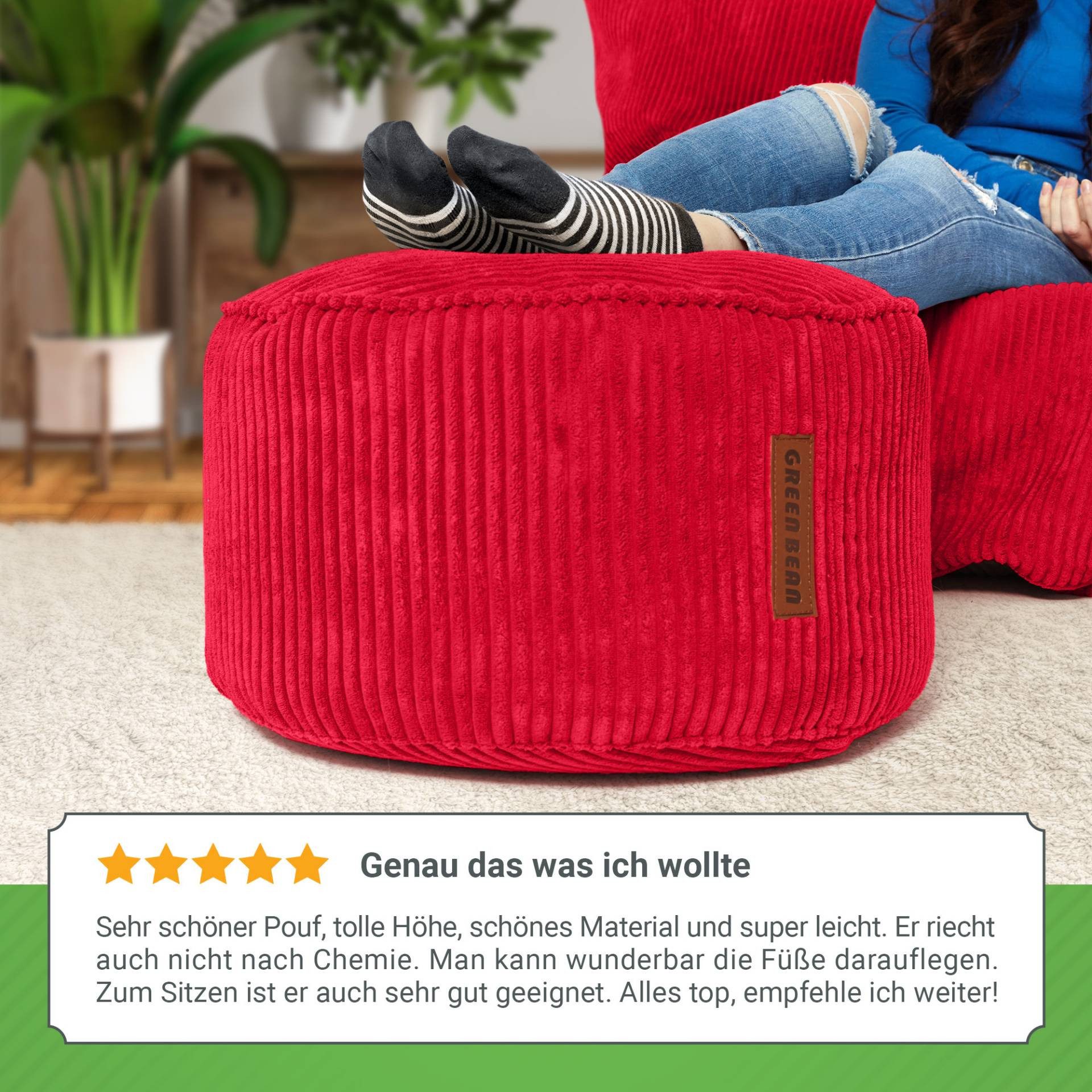 Green Bean Pouf Sitzsack-Hocker Pouf Cord 45x25cm (Indoor Sitzhocker Sitzkissen Fußhocker Relax-Sessel, Made in Germany), die ideale Ergänzung zum Sitzsack