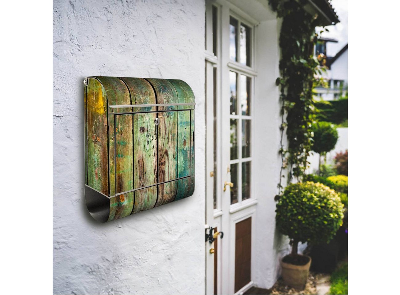 Thumbnail - banjado Wandbriefkasten Edelstahl Grünes Holz (Wandbriefkasten groß, mit Zeitungsfach), 38 x 42,5 x12cm