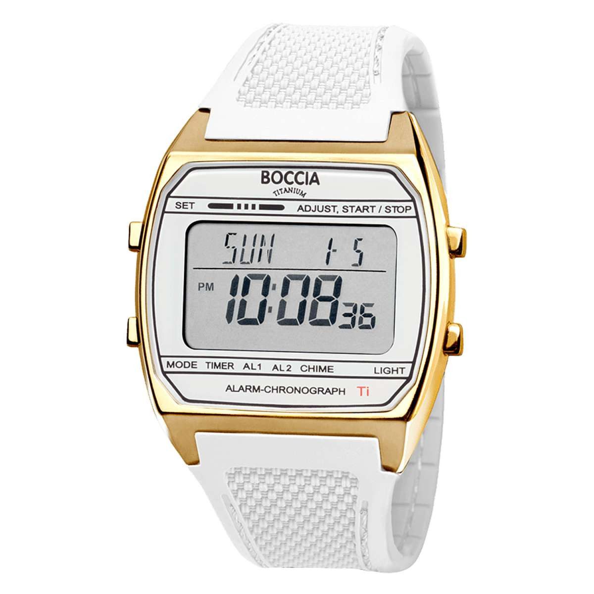 Boccia Digitaluhr 3738-04, Uhr in Unisexgröße Digital Titan Weiß/Goldfarben