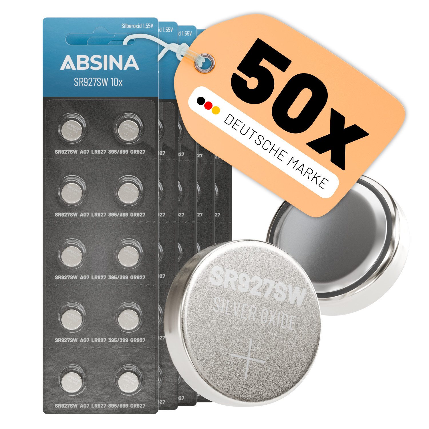 ABSINA SR 927 SW Uhren Knopfzelle 1,55V Silberoxid 50er Pack - Uhrenbatterie Knopfzelle, (5 St)