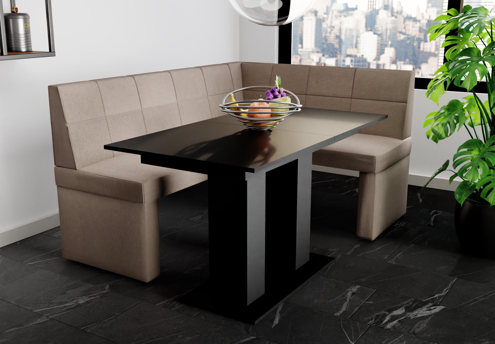 Möbel „BLAKE matt, XL“ Eckbankgruppe ausziehbarer Tisch Größe Eckbankgruppe 196x142cm Schwarz Tisch mit Fun