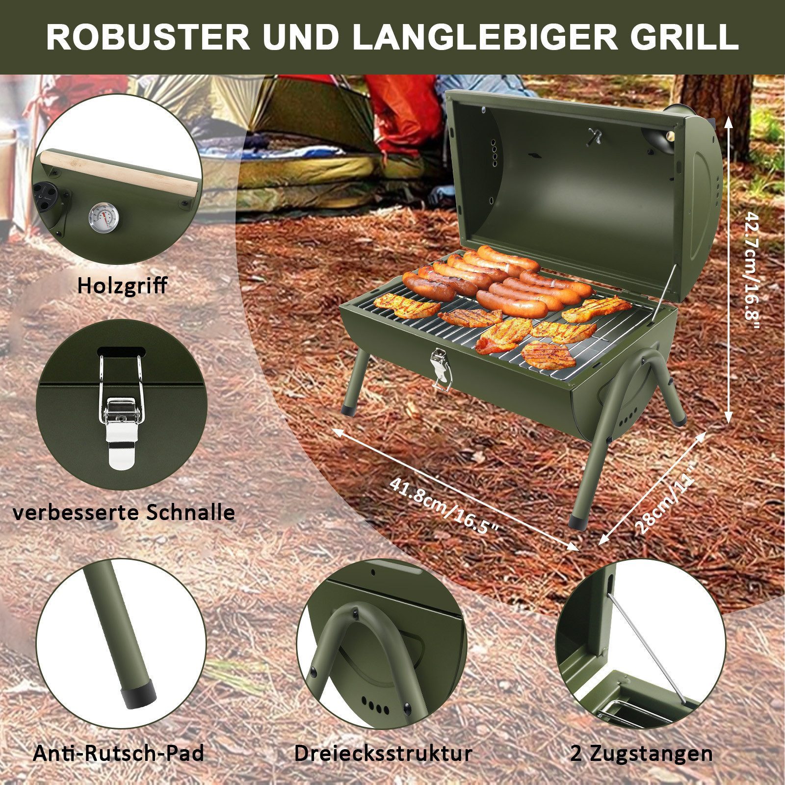 SunJas Holzkohlegrill K-GN22A grün Klappgrill Tischgrill mit Thermometer und Deckel, Doppel Grillfläche 33.7 x 21.5 cm, Reisegrill Campinggrill Kofferraum Grill für Outdoor Picknick Camping