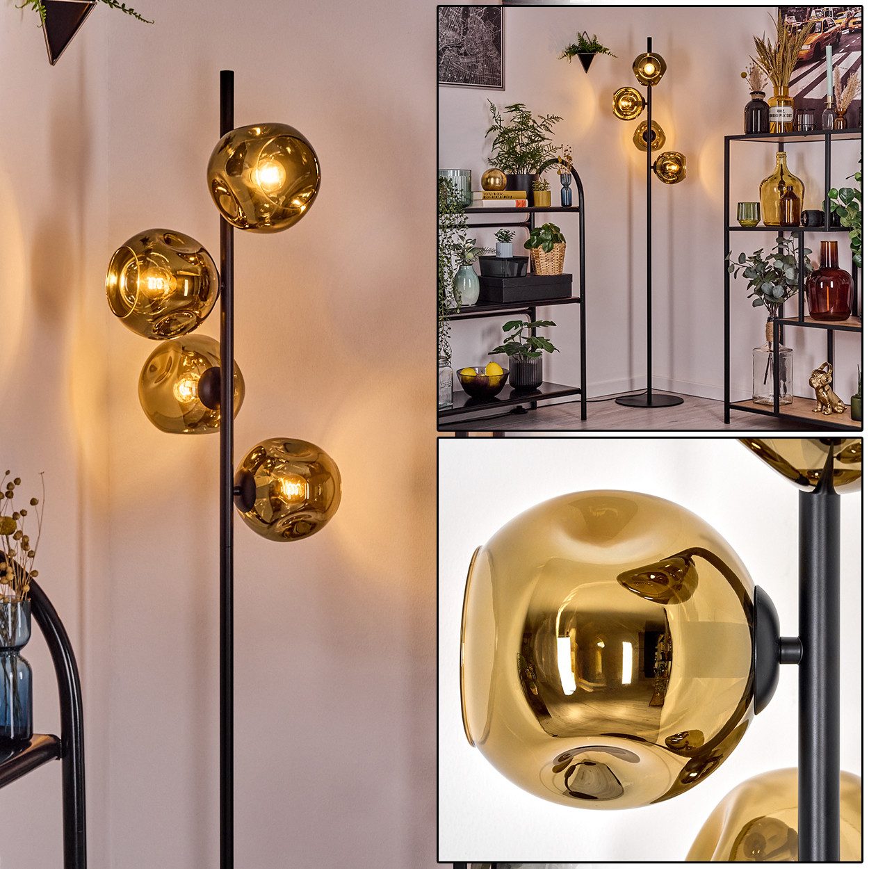 hofstein Stehlampe Stehlampe aus Metall/Glas in Schwarz/Goldfarben, ohne Leuchtmittel, Stehleuchte Retro/Vintage, Ø Schirme 15 cm, Fußschalter, 160 cm, E14