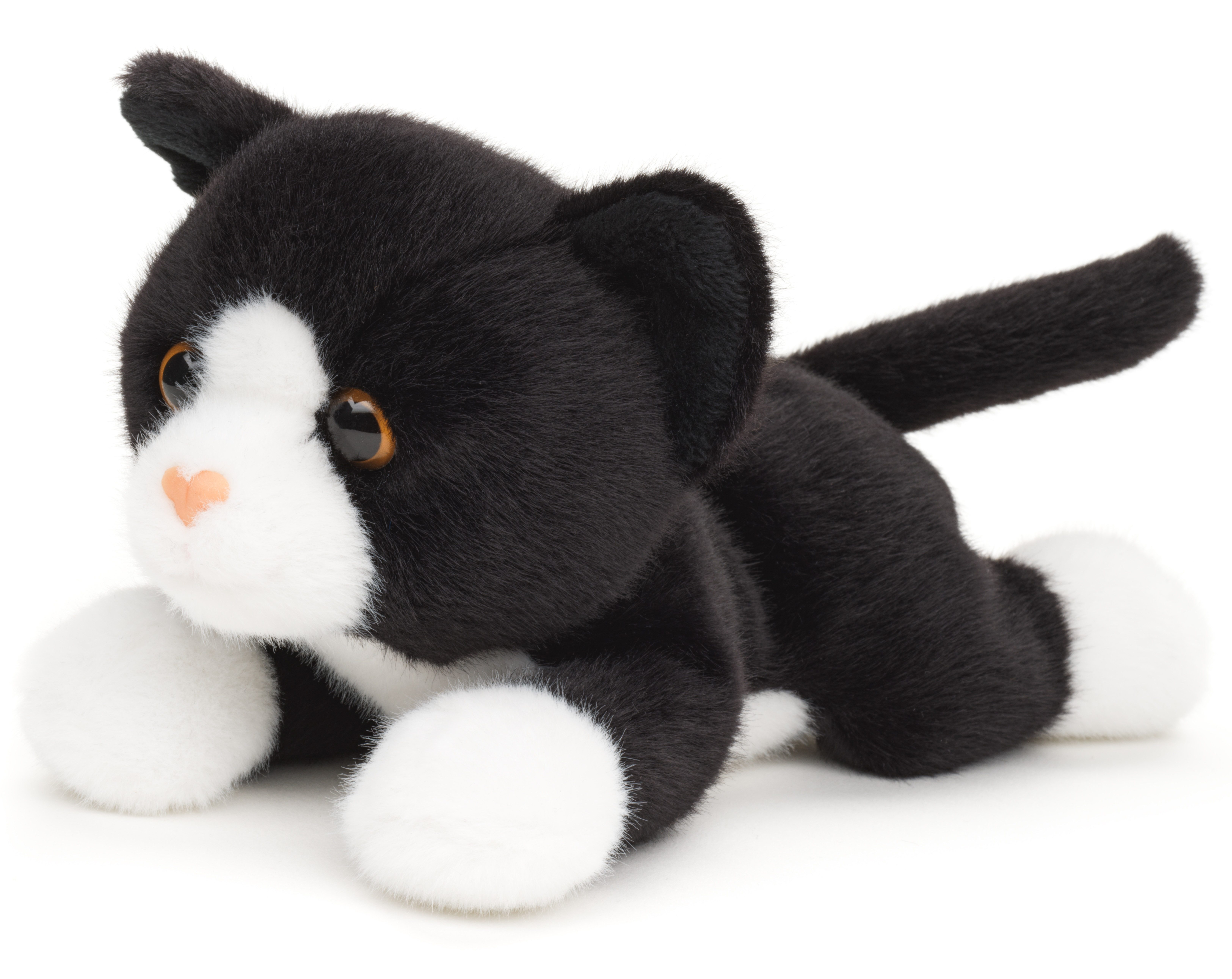 Uni-Toys Kuscheltier Katze schwarz-weiß, liegend - 20 cm (Länge) - Plüschtier, zu 100 % recyceltes Füllmaterial