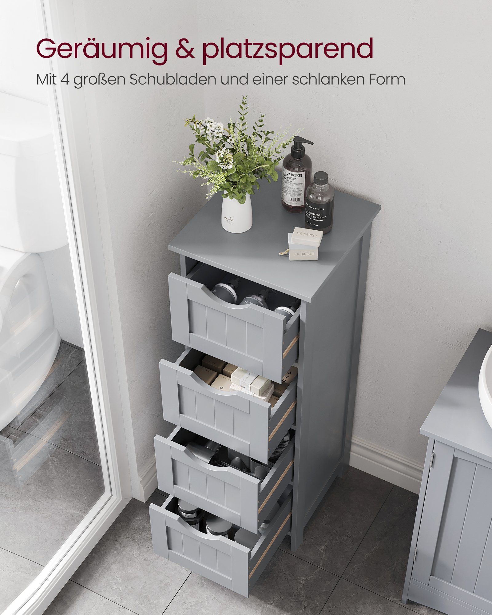 VASAGLE Badkommode Badezimmerschrank Badschrank Beistellschrank, mit 4 Schubladen