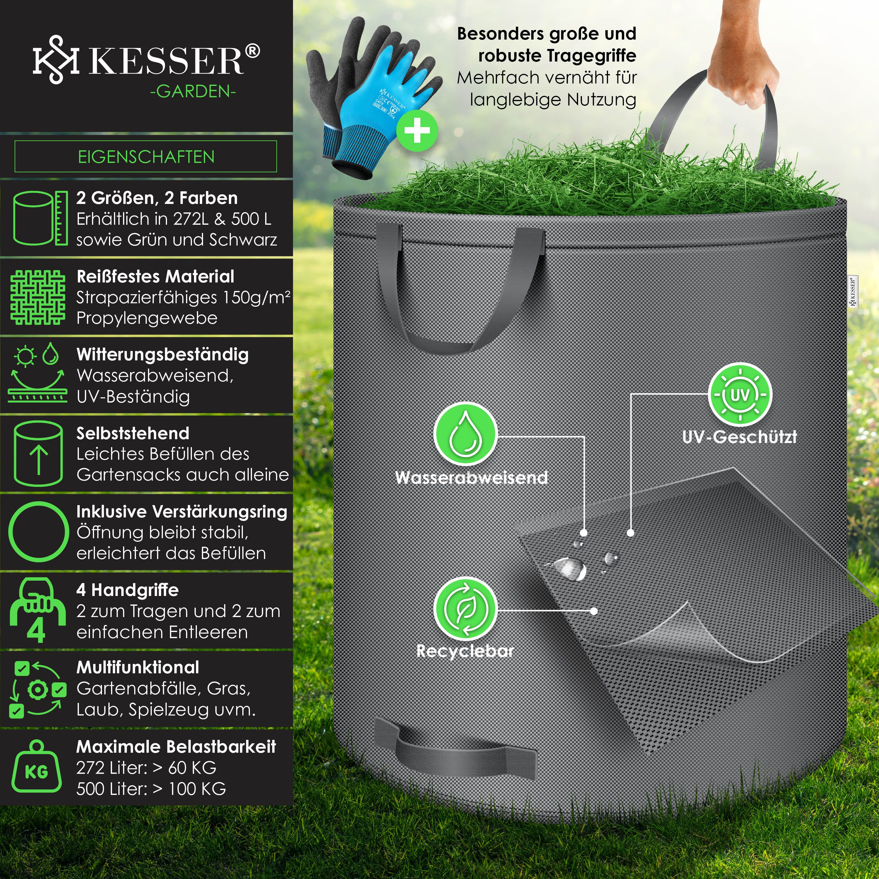 KESSER Gartensack, 500 l, (2-tlg), Gartensack Set Laubsack Gartenabfallsack inkl. Handschuhe