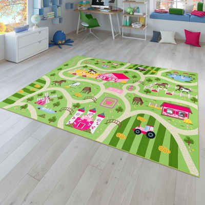 Kinderteppich »Kinder-Teppich, Spiel-Teppich Für Kinderzimmer, Landschaft und Pferde, In Grün«, TT Home, rechteckig, Höhe: 9 mm