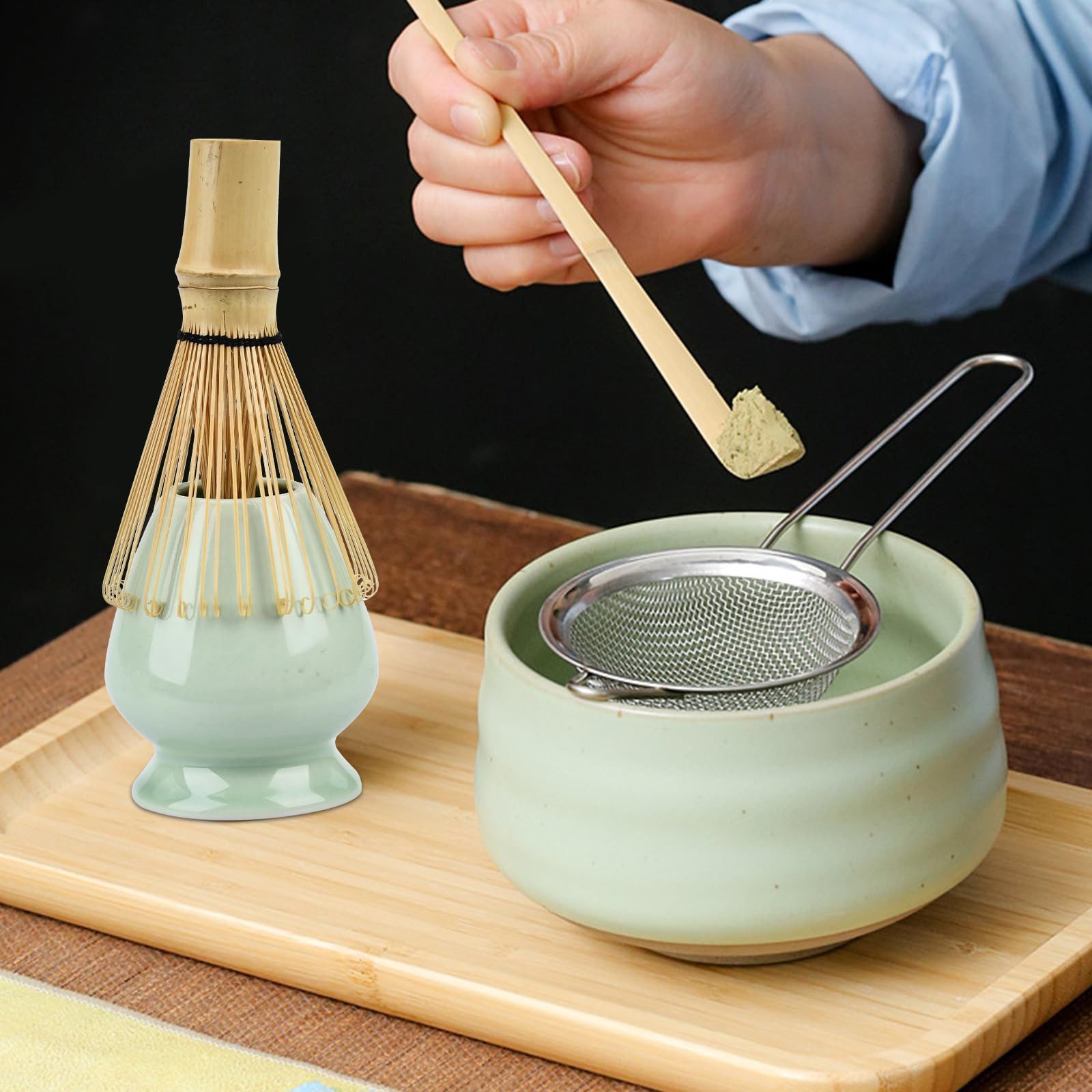 Kityhome Teeservice Matcha 4 Set Teeservice Set,Matcha-Kaffee zubereitung, Matcha-Kuchen, Aus Bambus mit 2*Matcha Löffel 1*Besenhalter 1*Bambus Matcha Besen
