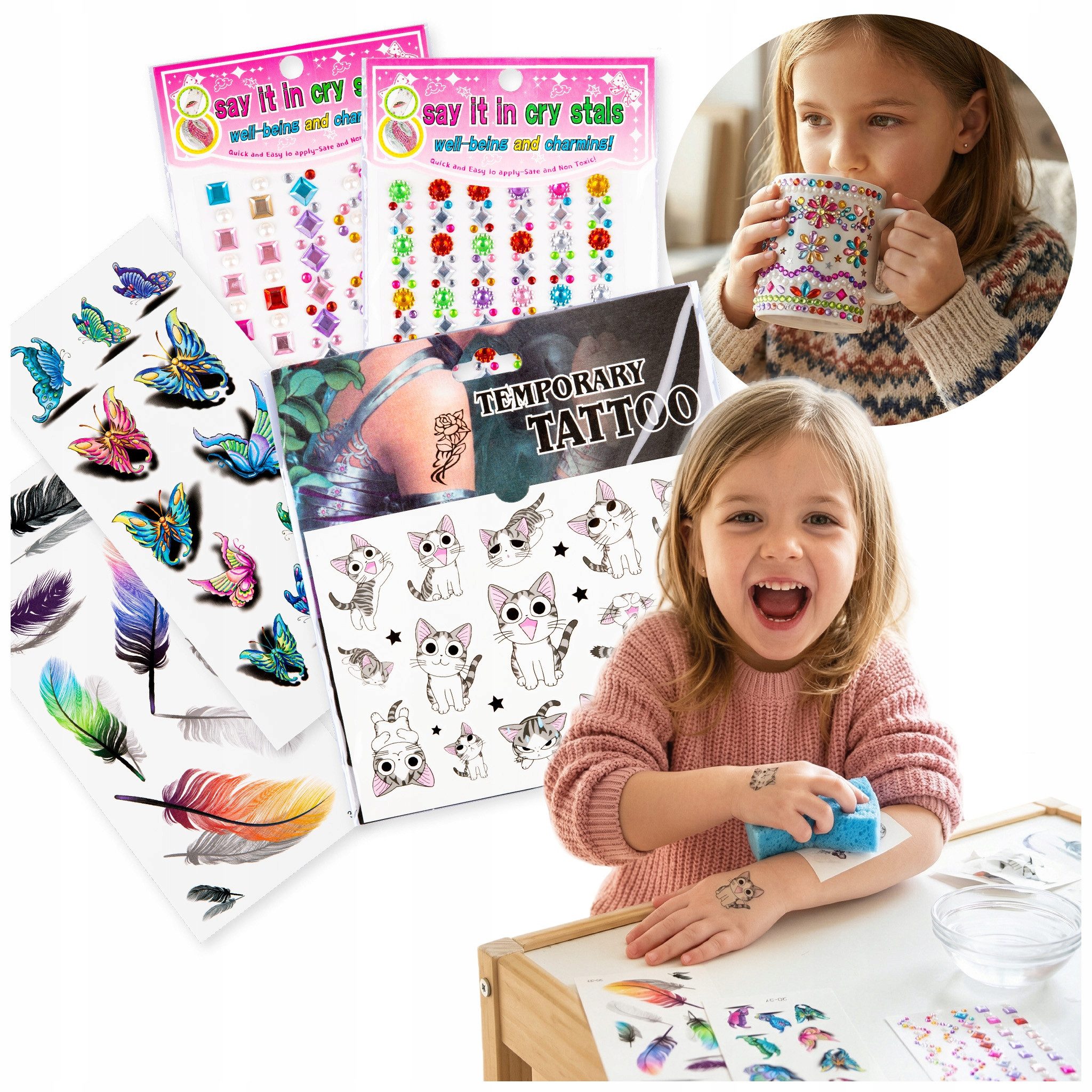 kinderplay Sticker Kreatives Tatto-Set – 3D Sticker & Kristalle – Kinderparty Spaß – Abwa