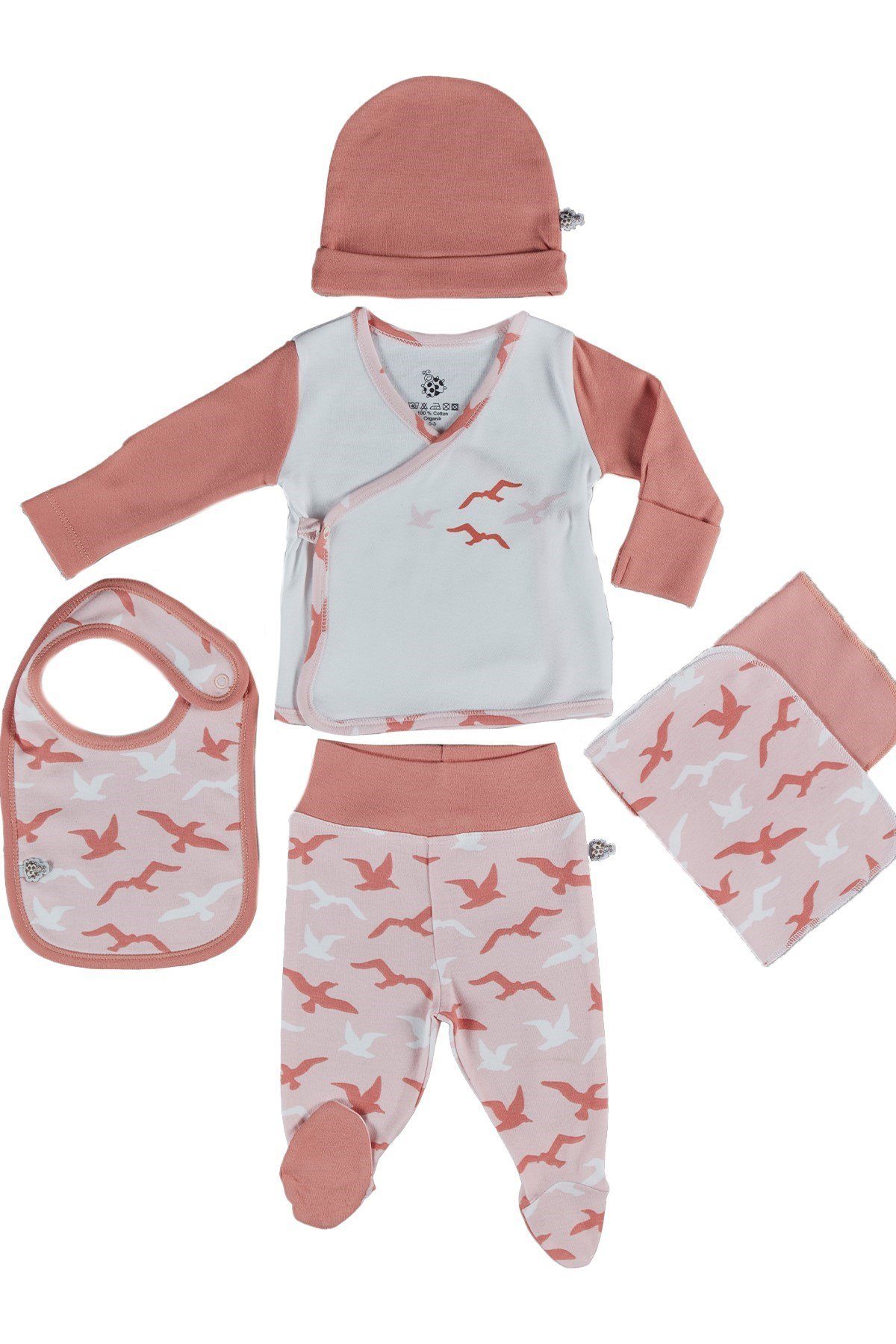 Baumwolle Bio TURNA Lätzchen, Ecocotton Bio-Baumwolle (5-teilig) 100% süßem weiß-rosa Erstausstattungsset Baby Mütze, Design Hose, Spucktuch) Jacke, Erstausstattungspaket (Set, mit