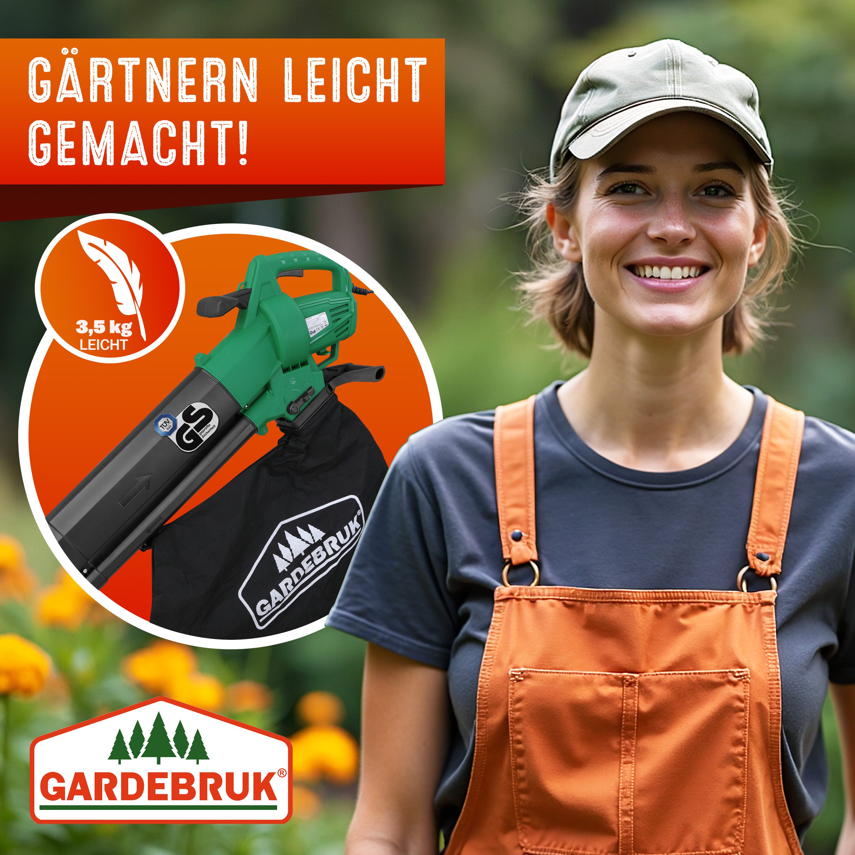 Gardebruk Laubsauger, Elektro 3in1 3000W Schultergurt und Rollen Fangsack 45L Laubbläser