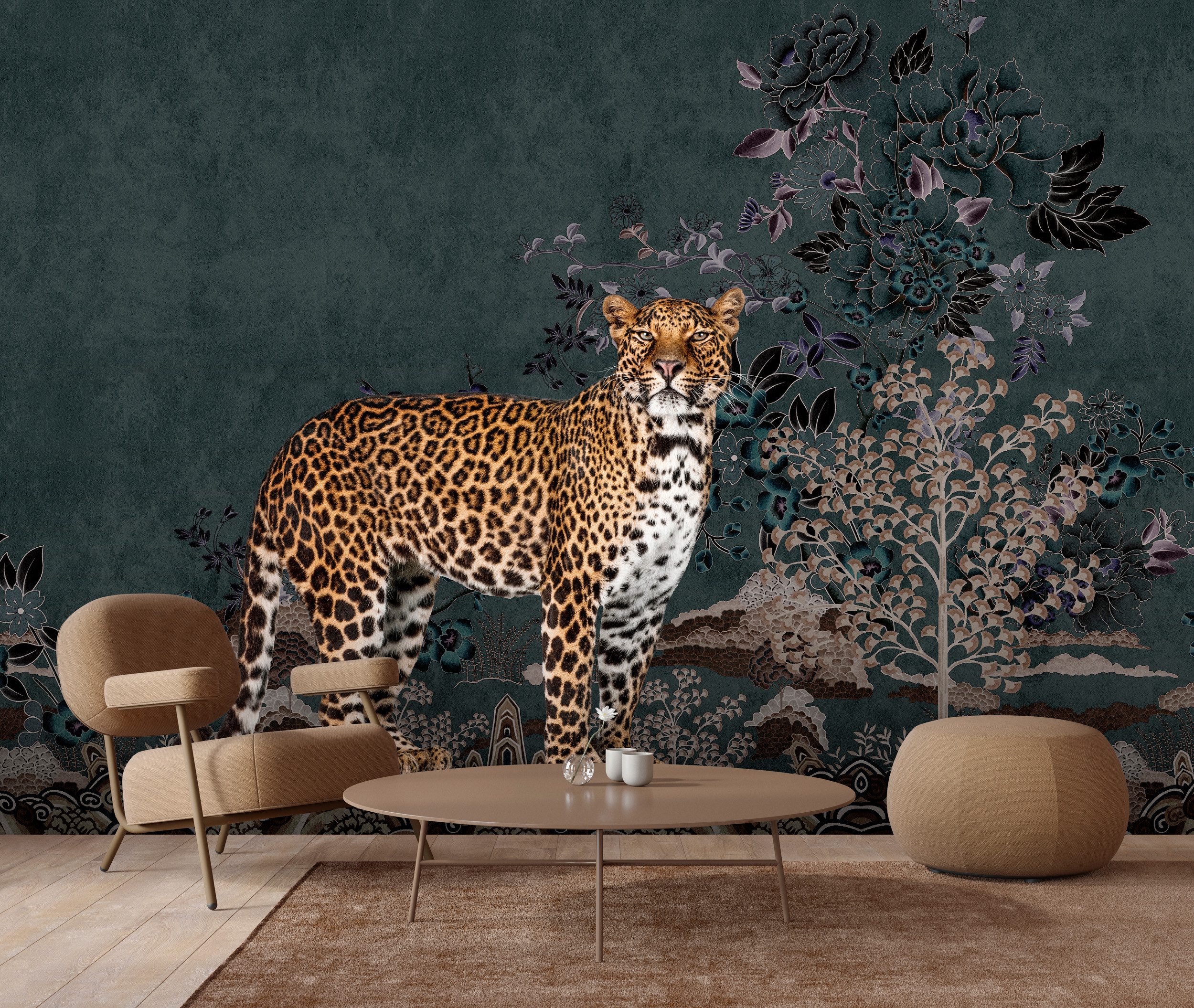 living walls Vliestapete Leoparden-Tapete exotisch Dunkelgrün Braun Floral, glatt, matt, (1 St)