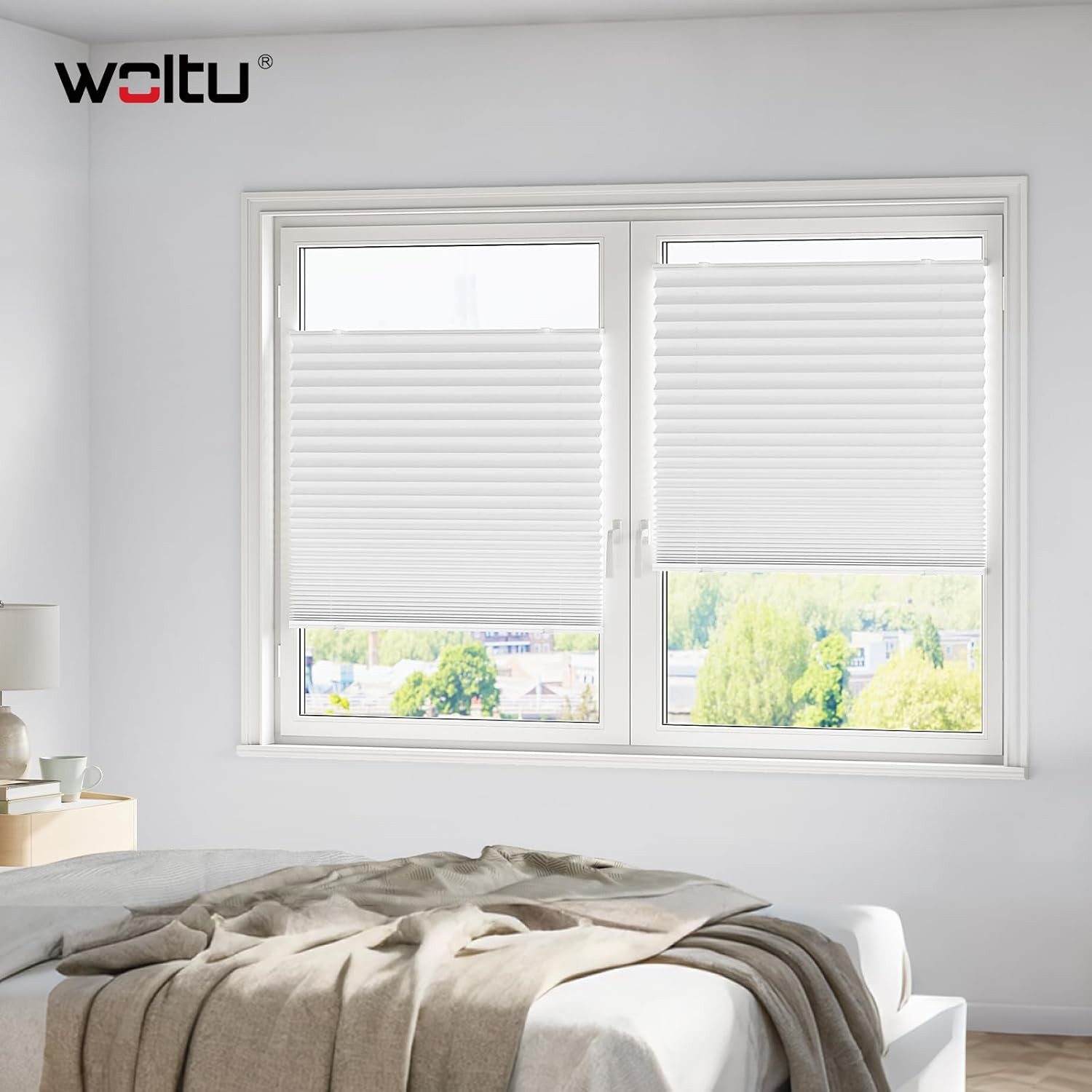 Woltu Plissee, ohne Bohren mit Saugnäpfen, Faltrollo lichtdurchlässig, für Fenster & Tür, Sichtschutz