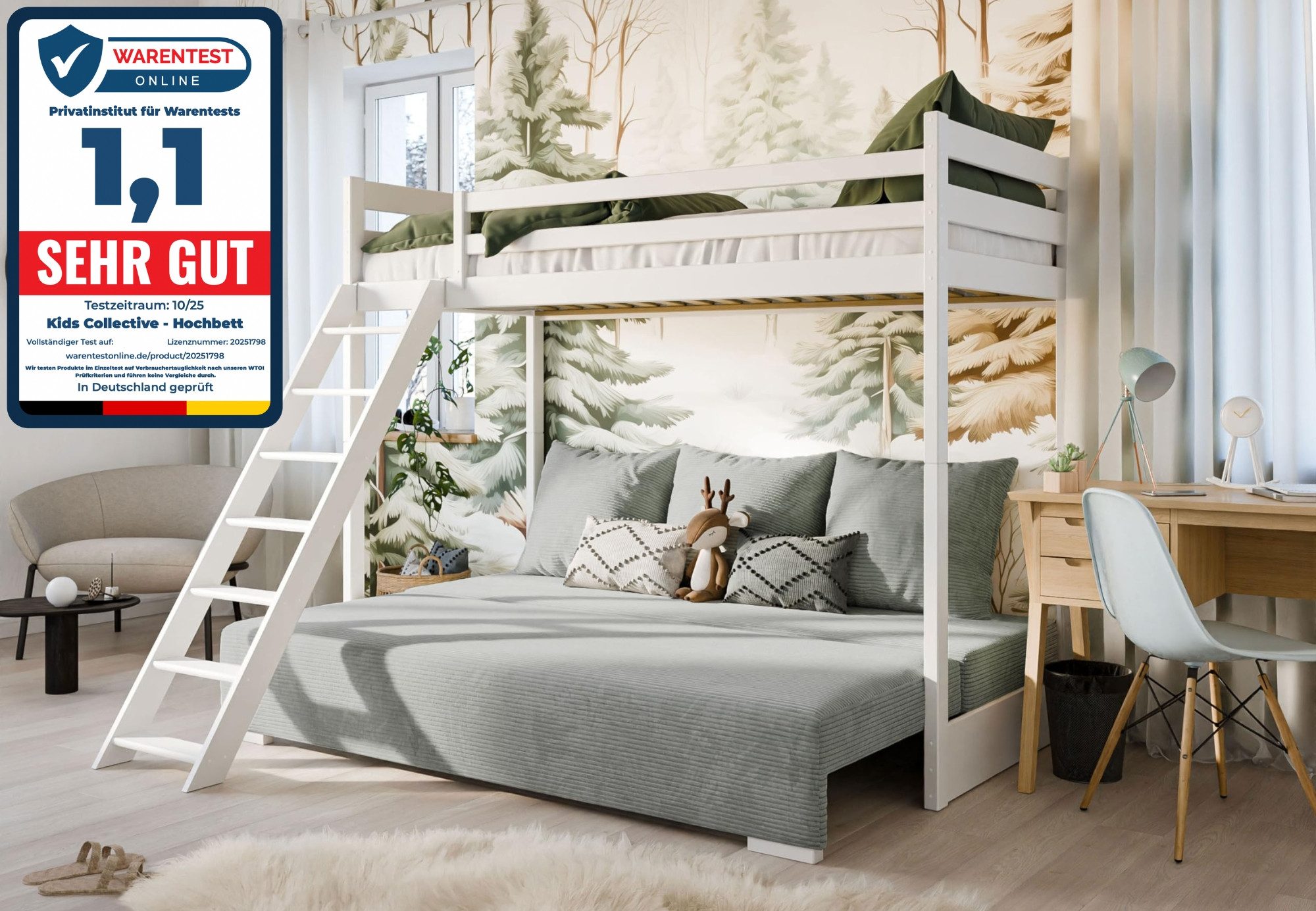 Kids Collective Hochbett 90x200 cm mit Schlafsofa 140x200 cm Couch in Cord-Stoff, 3 Kissen (Stockbett mit Leiter und Schlafcouch 200x140) OEKO TEX 100 mit 3 Kissen Sofa Etagenbett weiß 200x90 salbeigrün