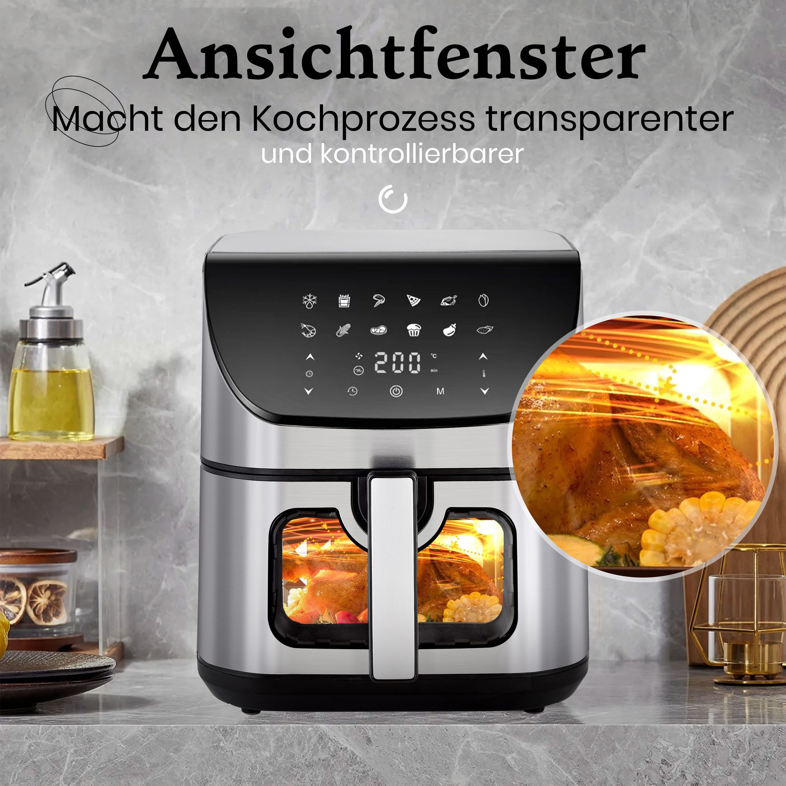 WHEELYOU Heißluftfritteuse 8.5 L Airfryer – 1800 W, Sichtfenster & LED-Display für fettarmes Kochen, 1800,00 W, Genießen Sie knusprige Ergebnisse mit wenig Öl