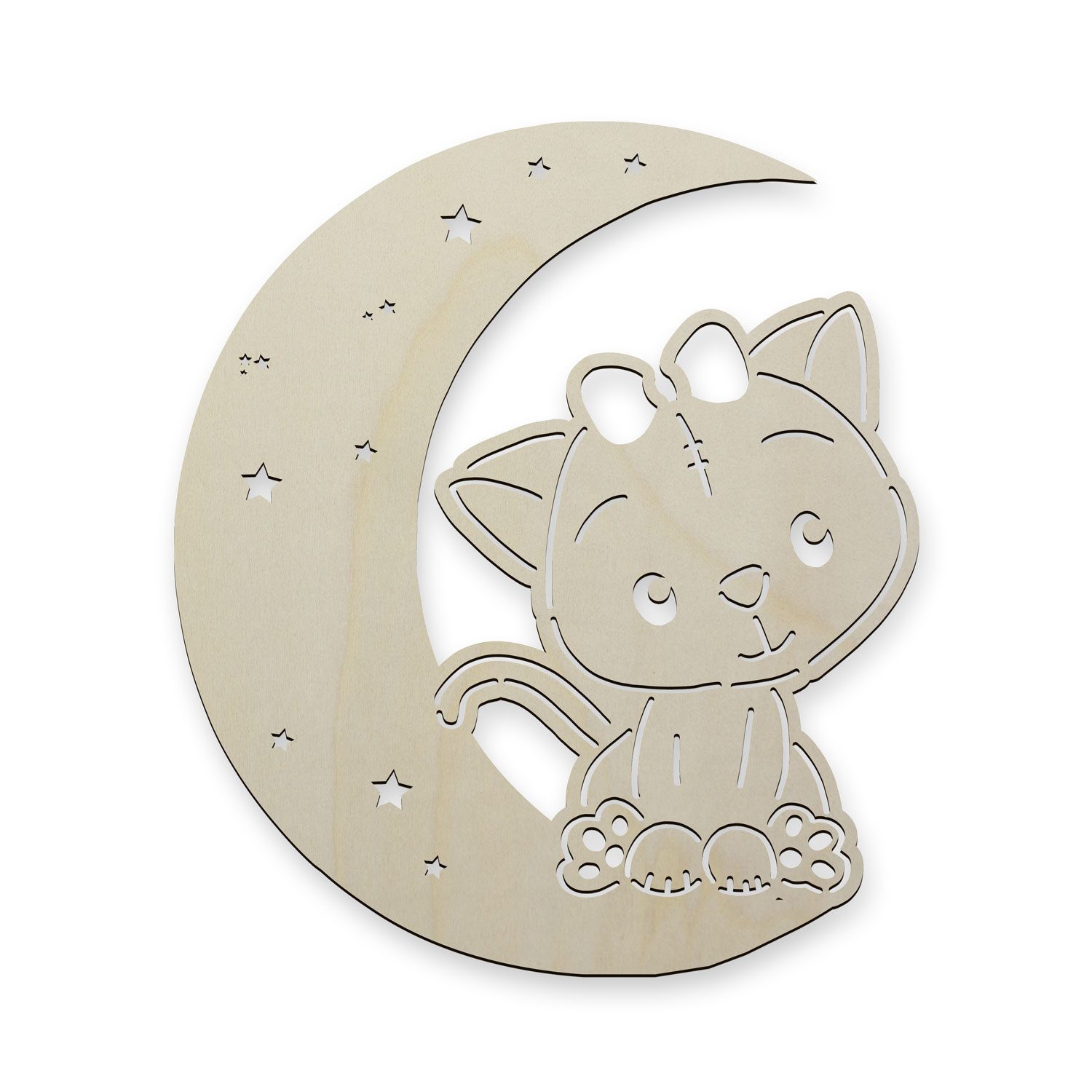 Namofactur LED Dekolicht Wandlampe Mond Katze Holz Wand Deko Lampe Nachtlicht I Kinderzimmer, Ohne Zugschalter/Stern, LED fest integriert, Warmweiß