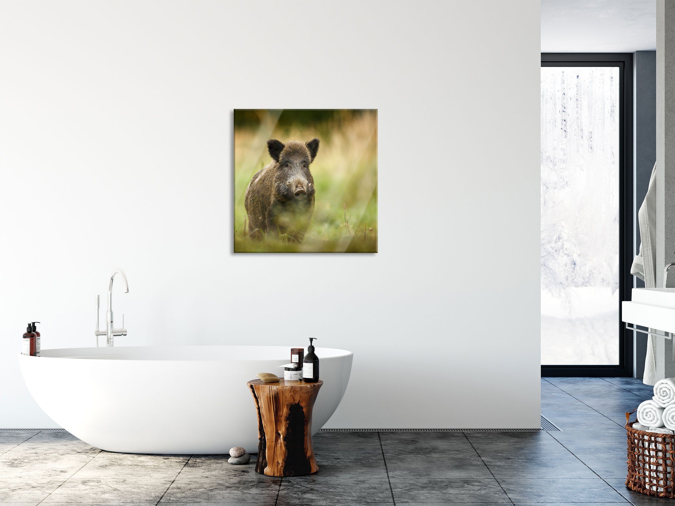 Wildschwein im Pixxprint (1 und Wald, Wald aus Echtglas, Wildschwein Glasbild Abstandshalter inkl. Aufhängungen Stolzes Stolzes Glasbild St), im