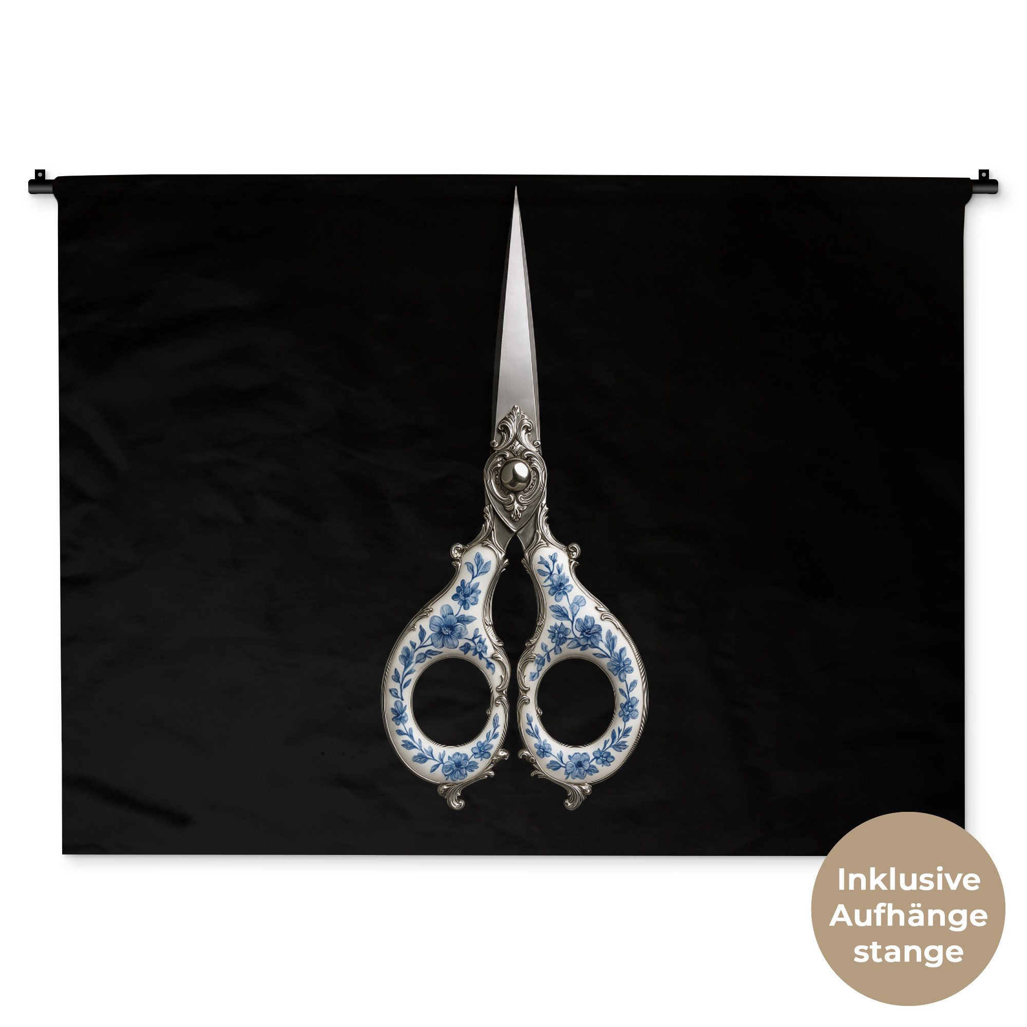 MuchoWow Wandteppich Schere - Delfter Blau - Schwarz, Rechteckig, Höhe: 3 mm, Wandtuch für Wohnzimmer, Wanddekoobjekt, 150x112 cm