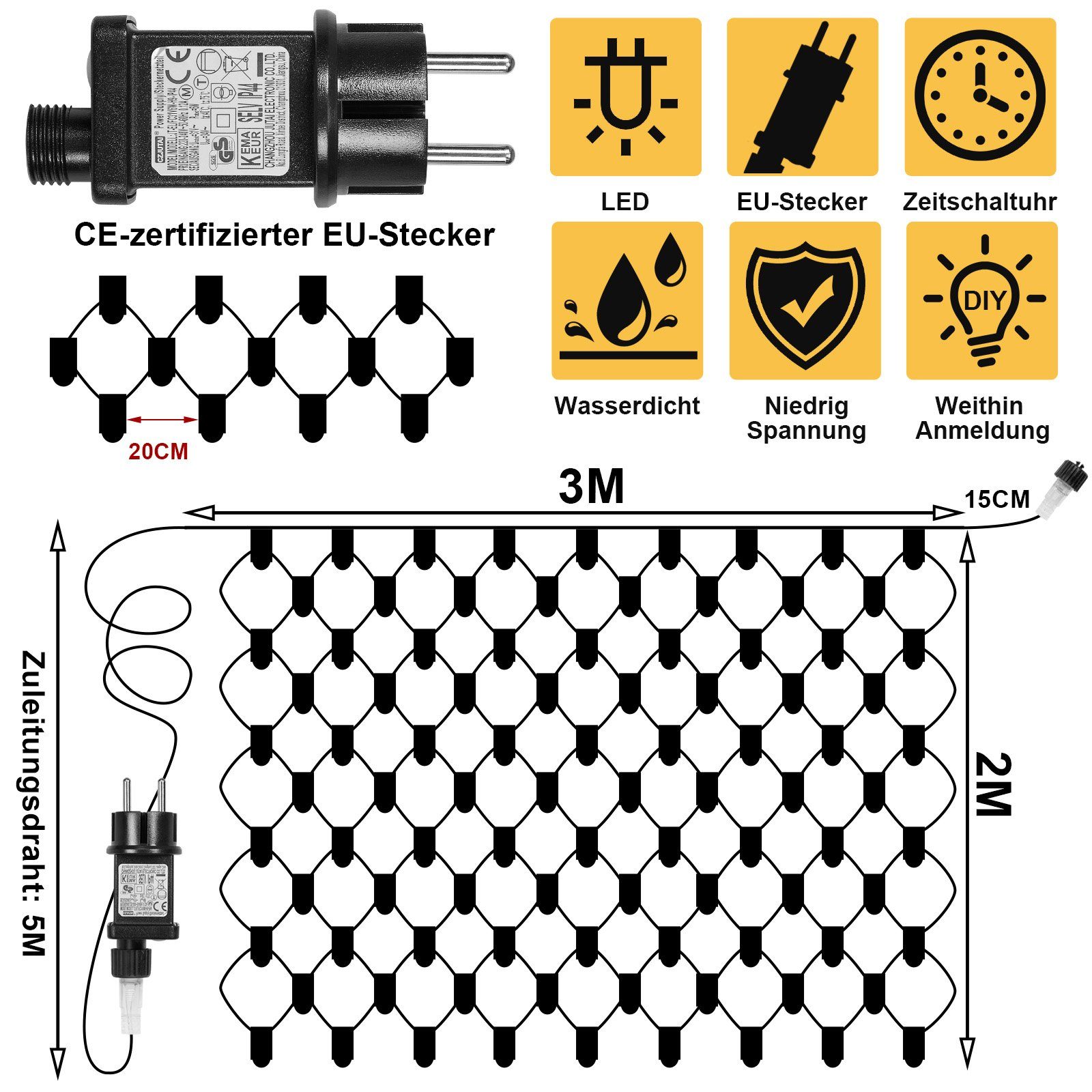 Hochzeit Weihnachtsfeier, Gartenzäune Urlaubsdekoration LED-Lichternetz Timer, 200-flammig, für Rosnek wasserdicht; modi, 8 Speicherfunktion; 2x3/4x6M, für