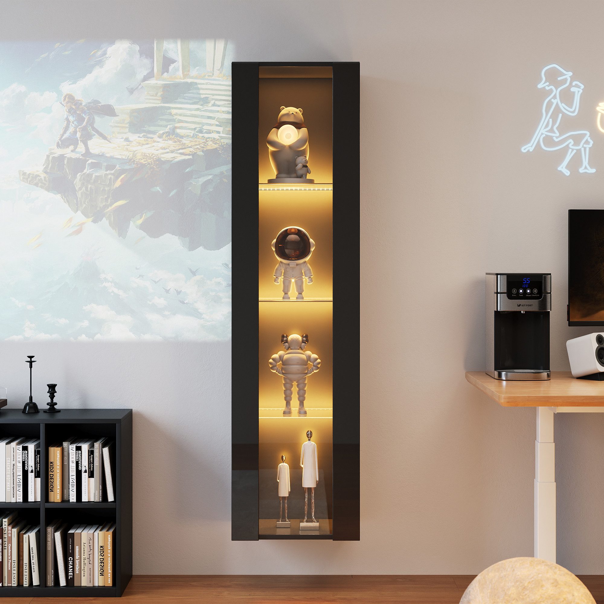 Flieks Glasvitrine Hochschrank Vitrine mit LED-Beleuchtung und Glaseinlegeböden (wandmontage oder bodenstehend, 1-St., B40/T29/H170 cm) multifunktionale Standvitrine mit Acryltüren Wohnzimmerschrank Schwarz