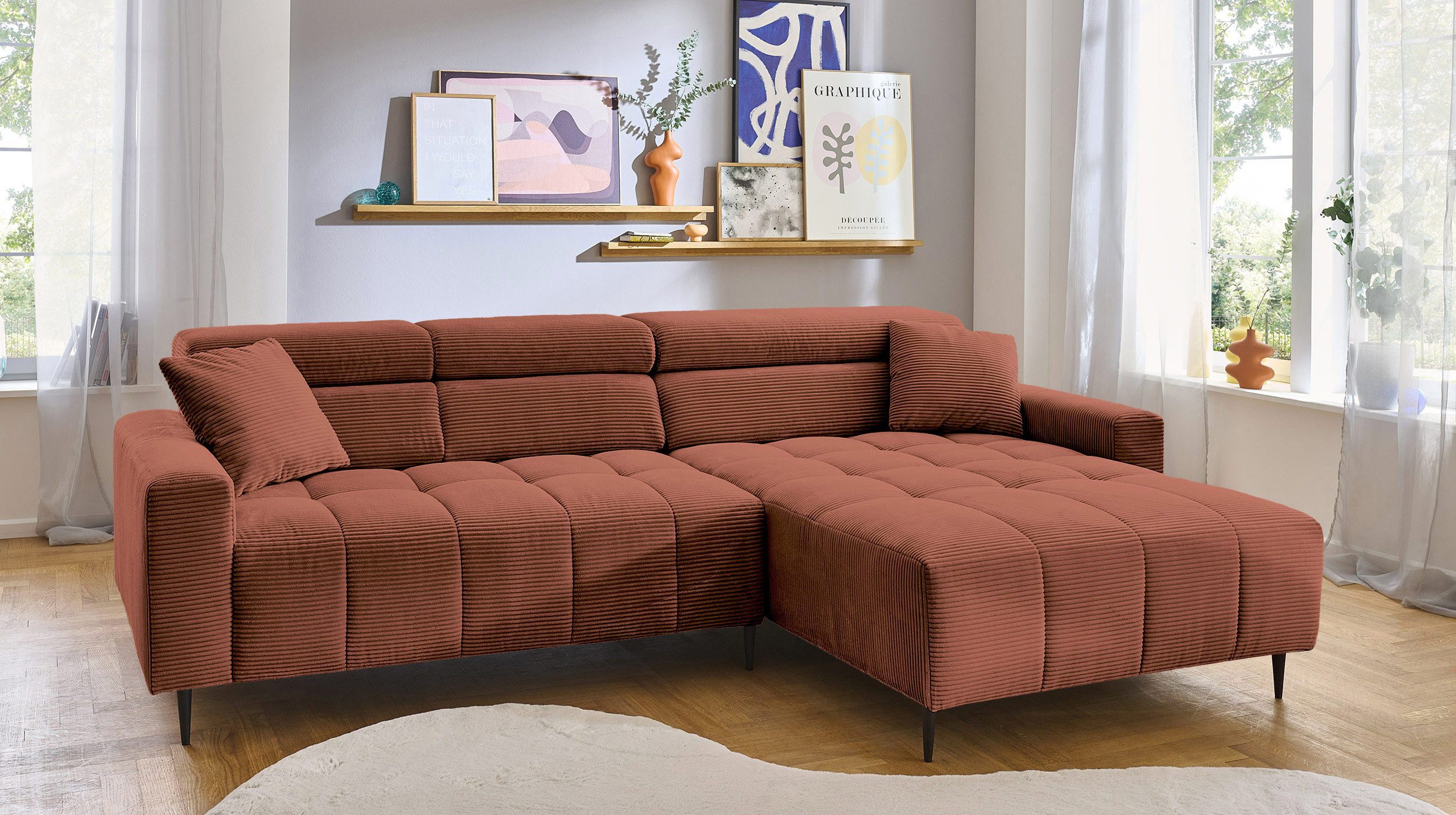 Massivart® Ecksofa Cord 256 cm / Cordsofa / Sitztiefen- & Kopfteilverstellung / SIMPLE, Nosagfederung · frei im Raum stellbar
