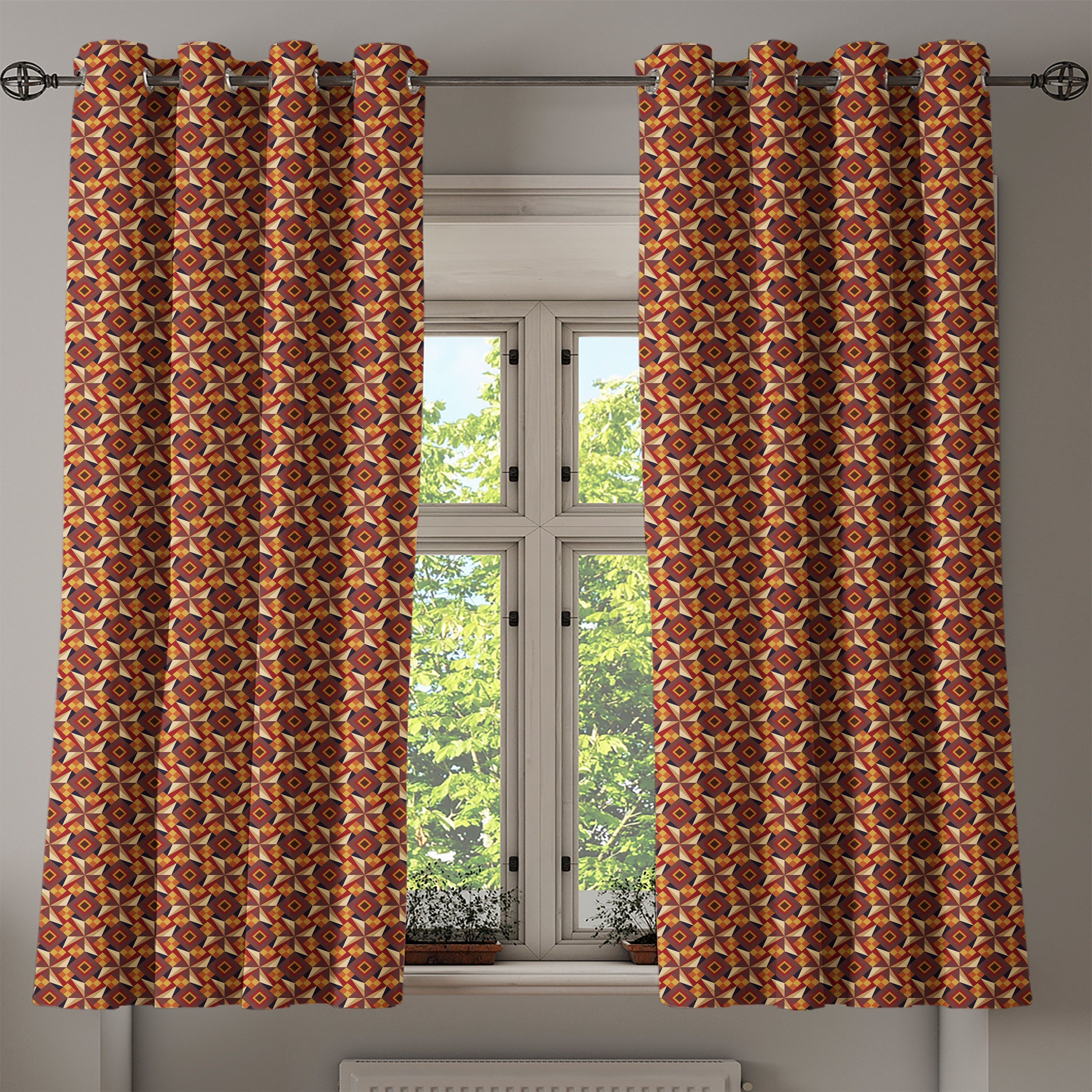 2-Panel-Fenstervorhänge Modern Retro Schlafzimmer Vintage Dekorative Abakuhaus, Wohnzimmer, Gardine Geometric für