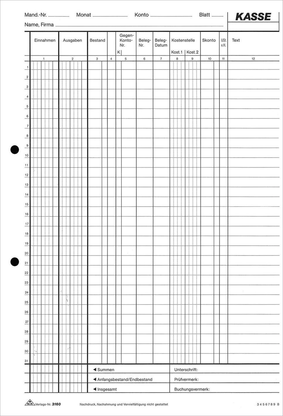 RNK Verlag Formularblock RNK-Verlag Kassenbuch/EDV Formularbuch 3160