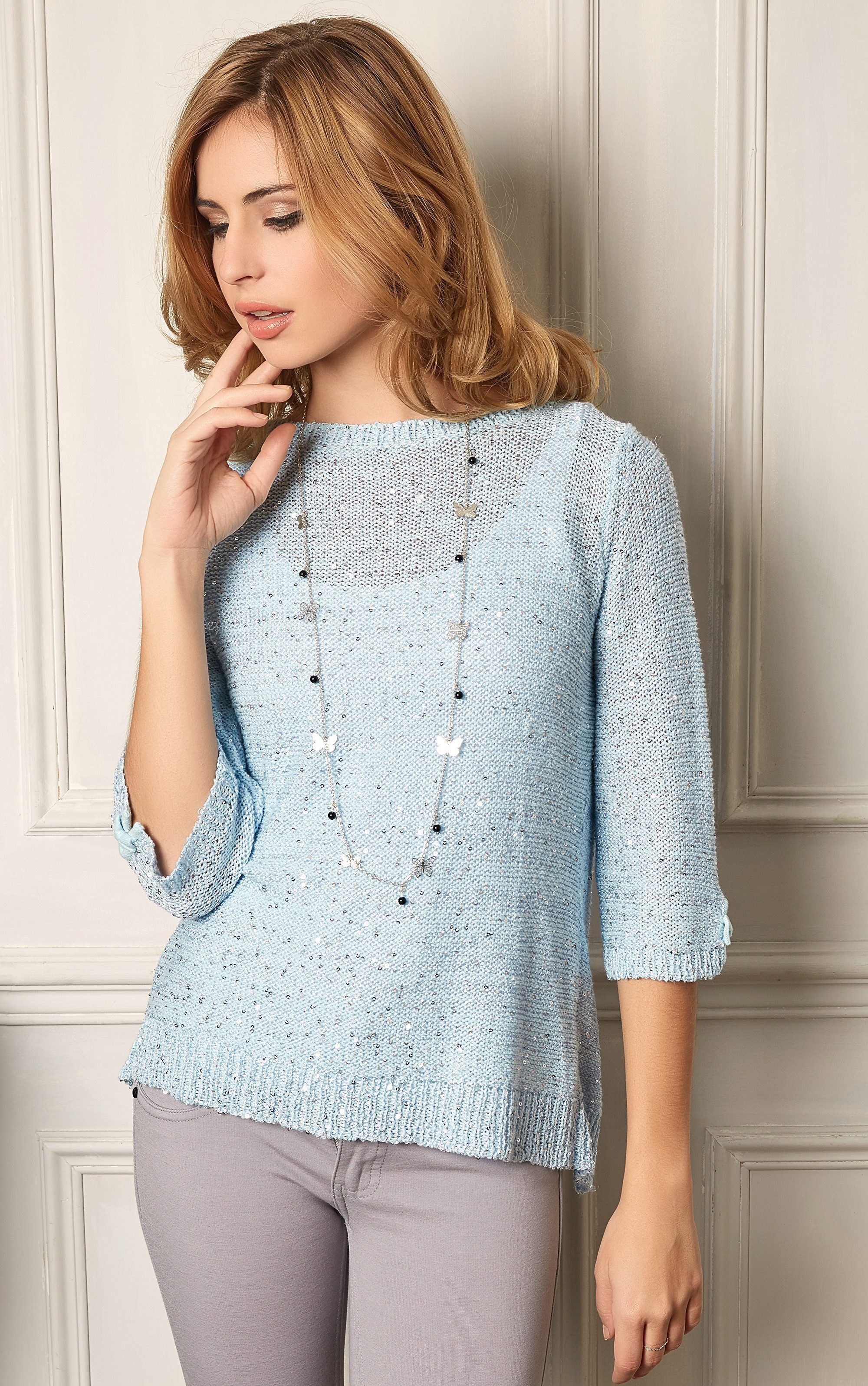 Passioni 3/4 Arm-Pullover Sommerpullover in Hellblau günstig online kaufen